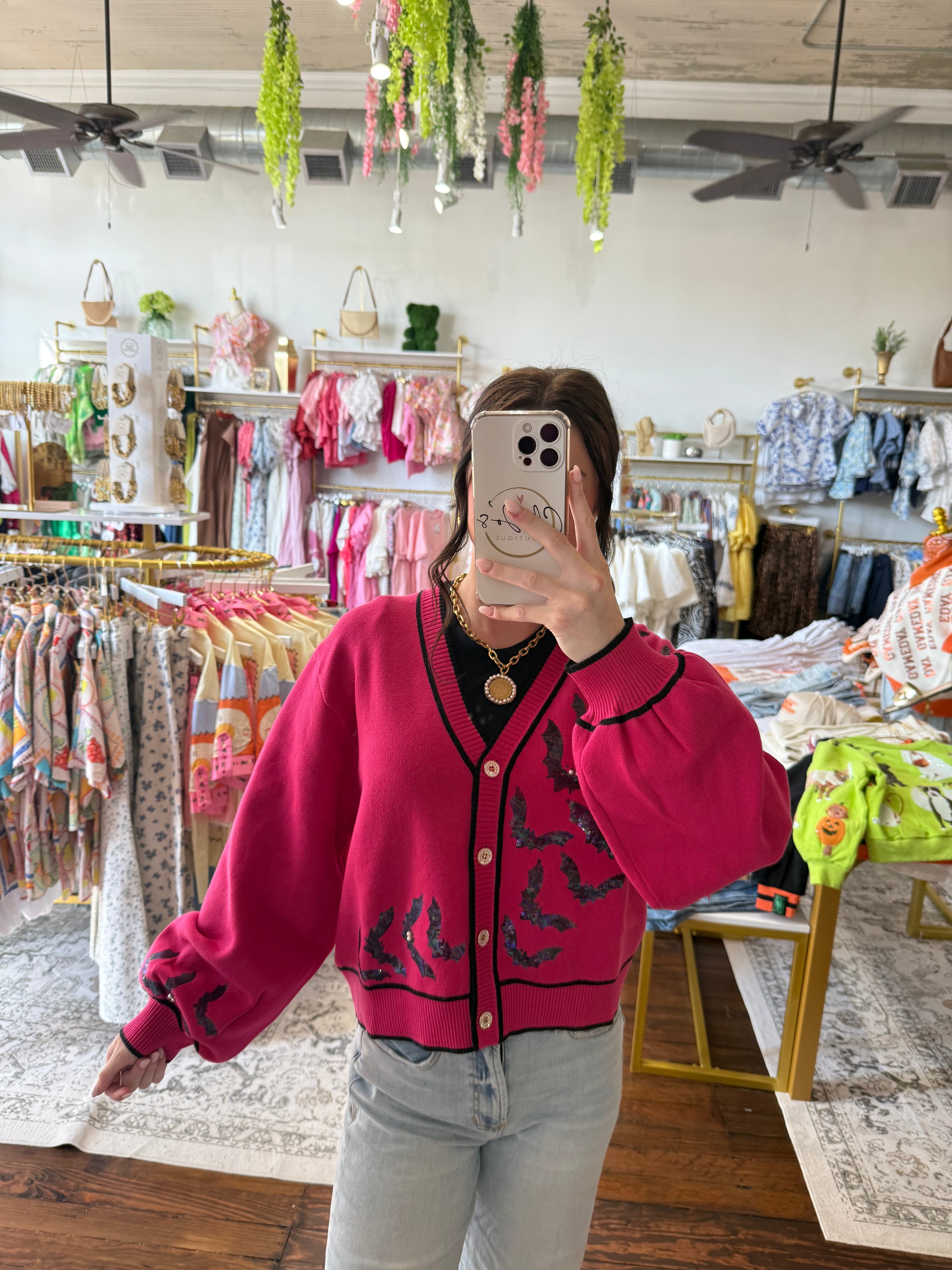 Bright Pink Crawling Bats Button Up Cardigan | Queen of Sparkles