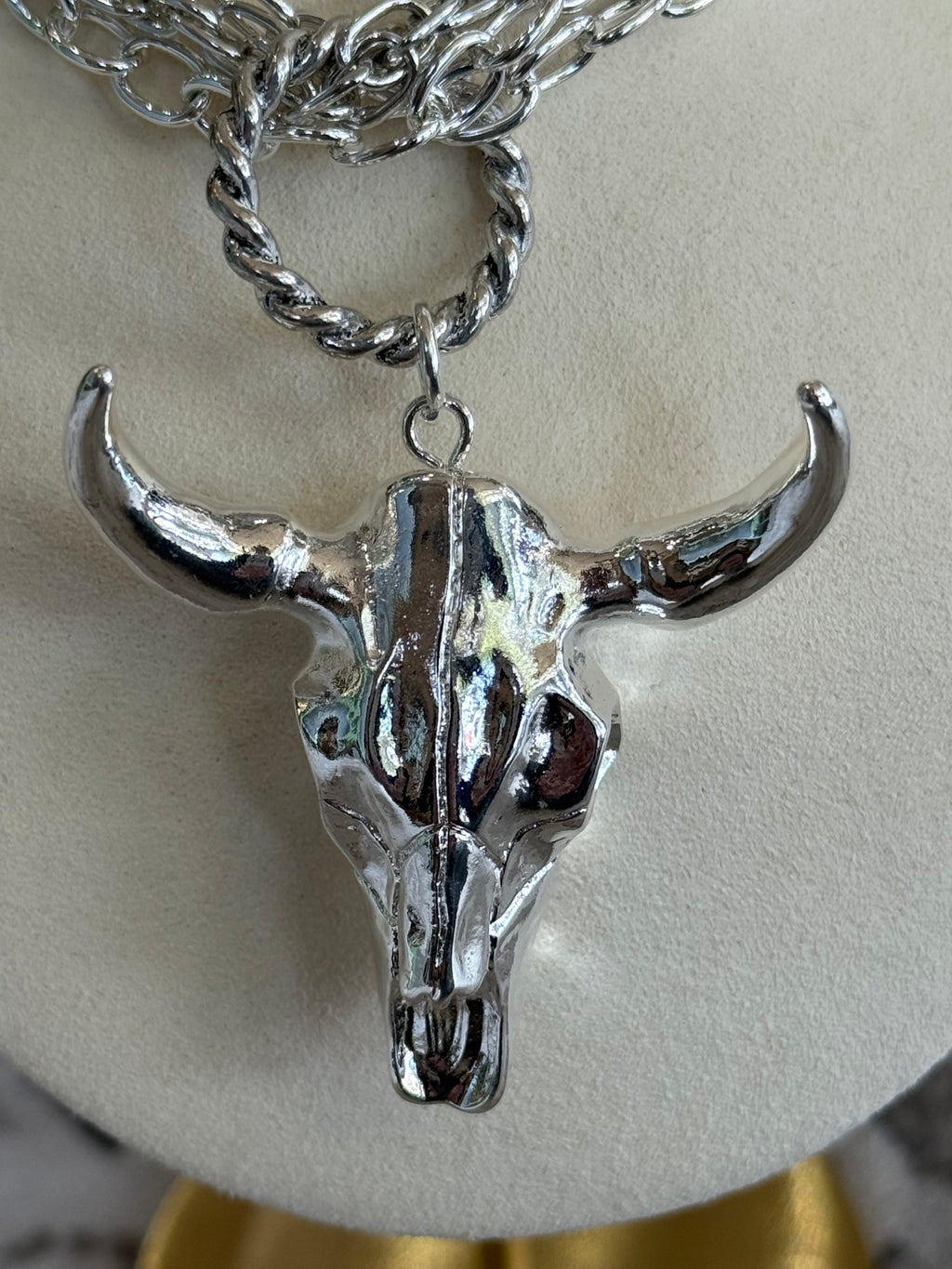 17" Triple Strand Plated Steer Head Pendant Necklace