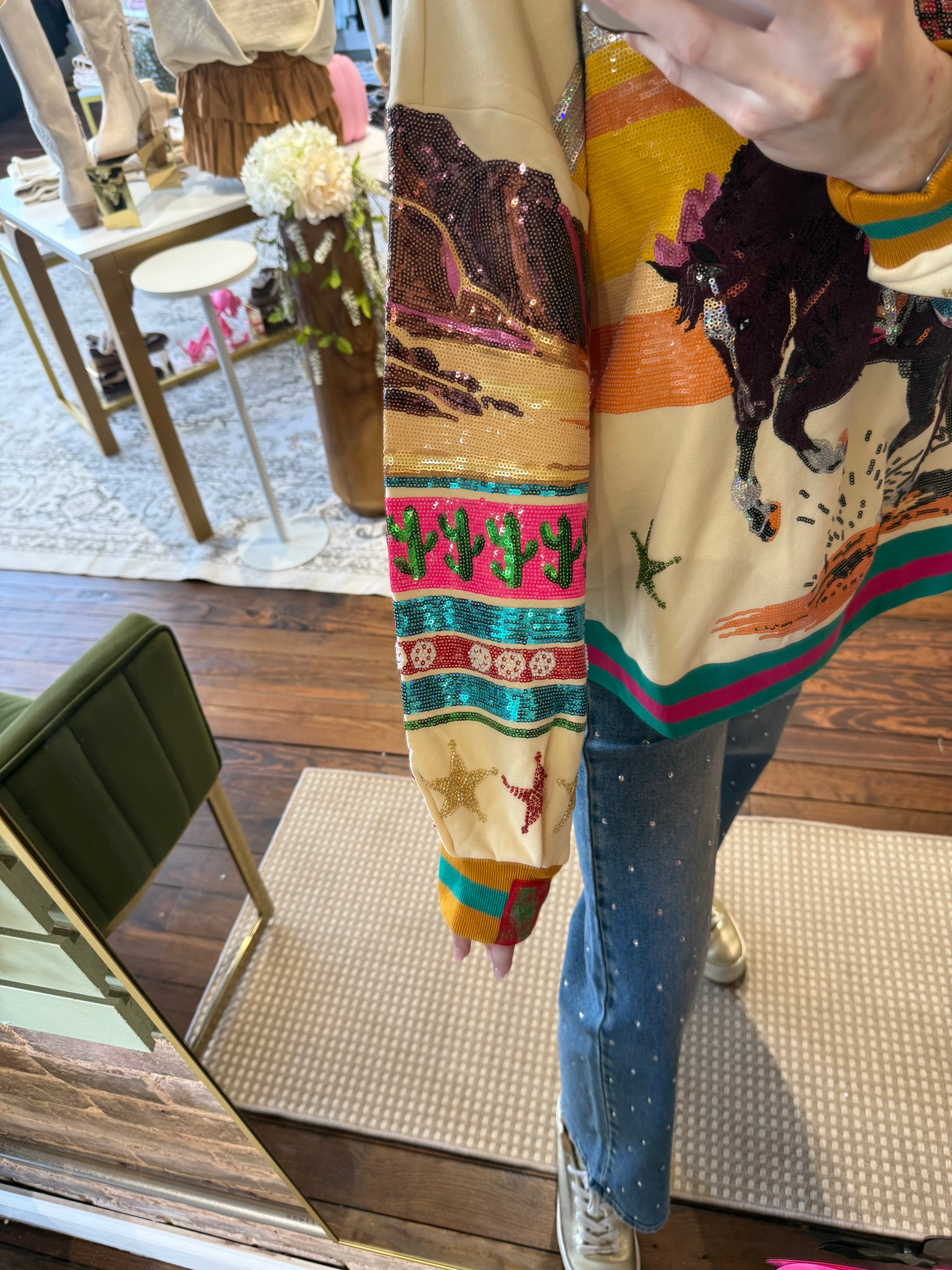 Multi Vintage Cowboy Santa Sweatshirt | Queen of Sparkles
