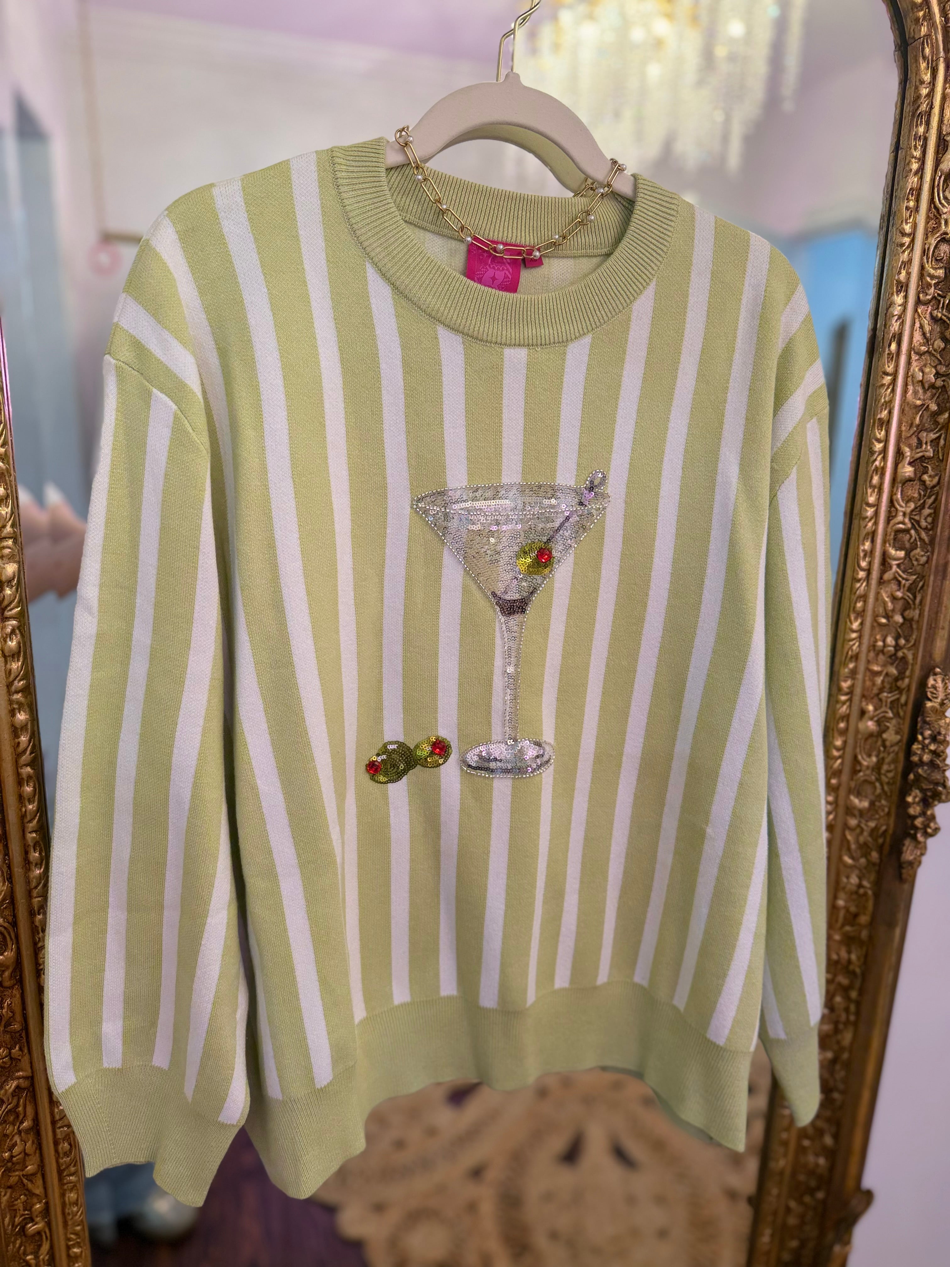 Olive Green & White Stripe Martini Sweater | Queen of Sparkles