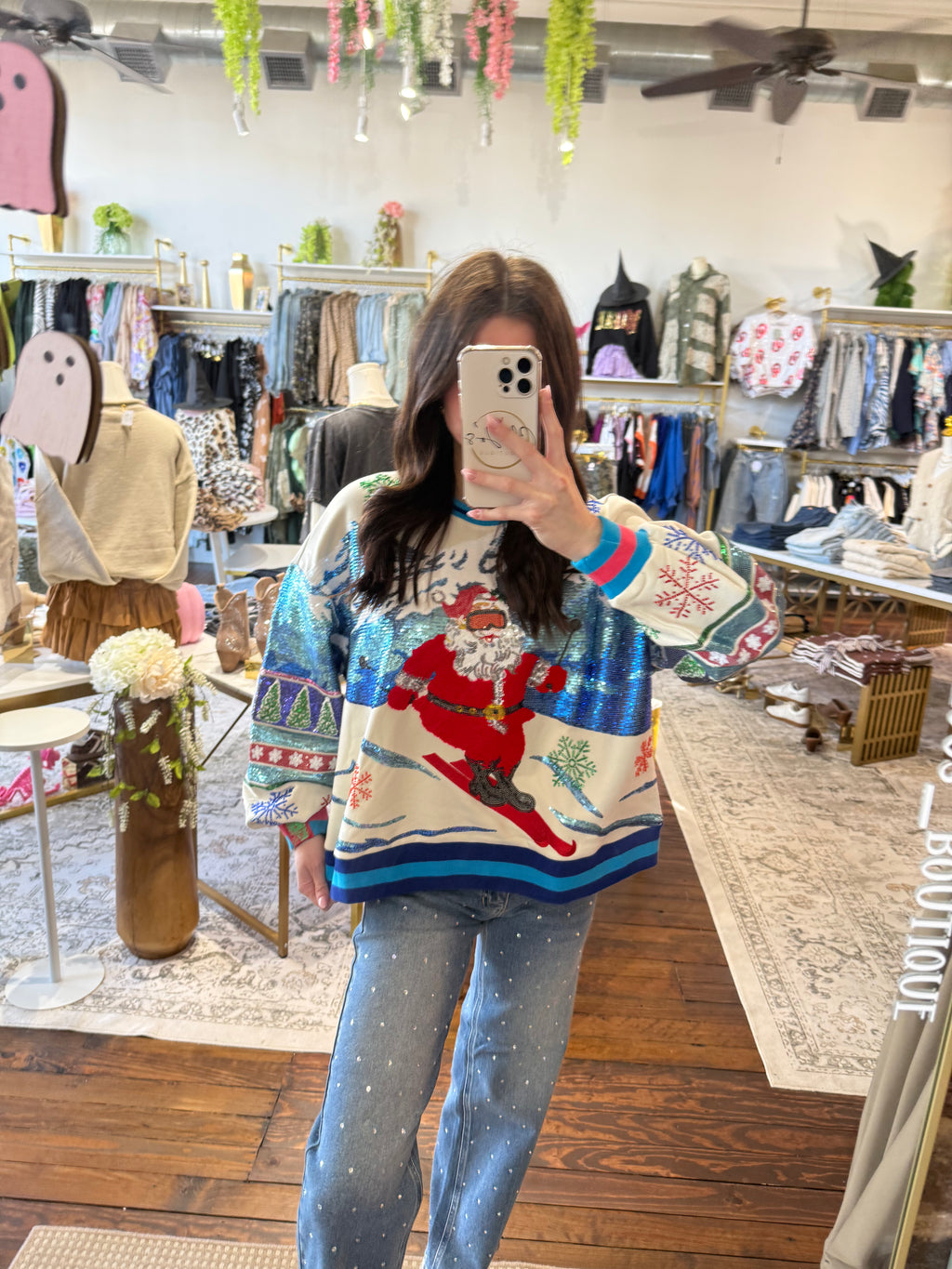 White & Blue Vintage Skiing Santa Sweatshirt | Queen of Sparkles