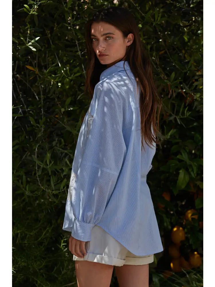 Daisy Striped Lace Button Down Top