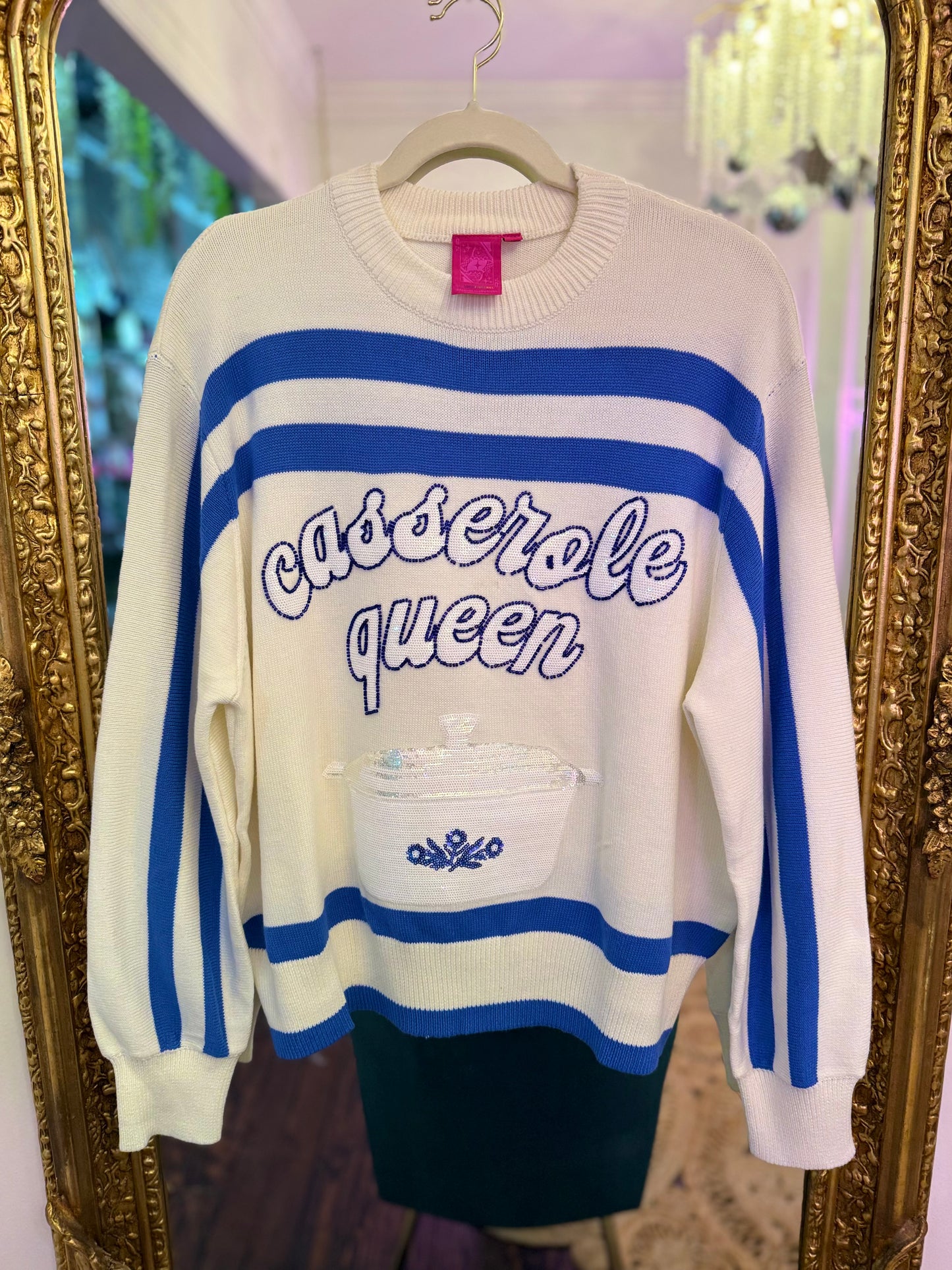 White & Blue 'Casserole Queen' Striped Sweater | Queen of Sparkles