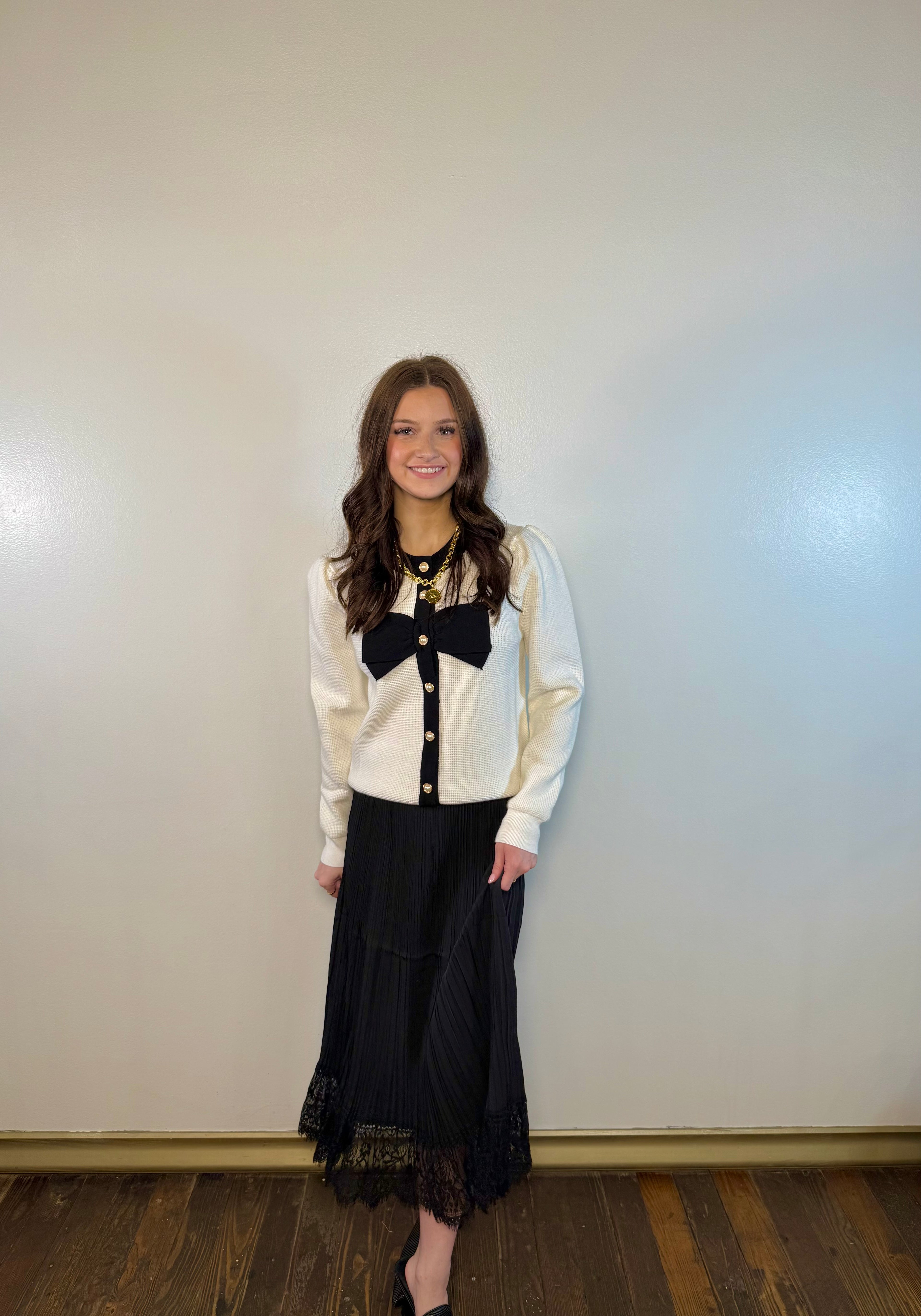 Midnight Pleated Lace Midi Skirt