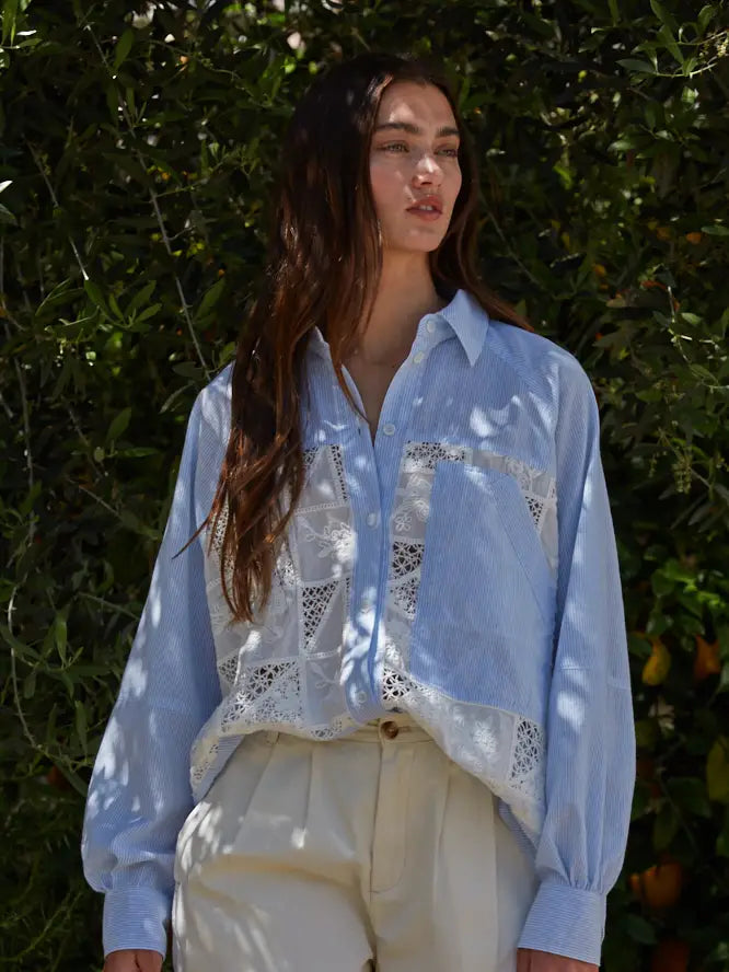 Daisy Striped Lace Button Down Top