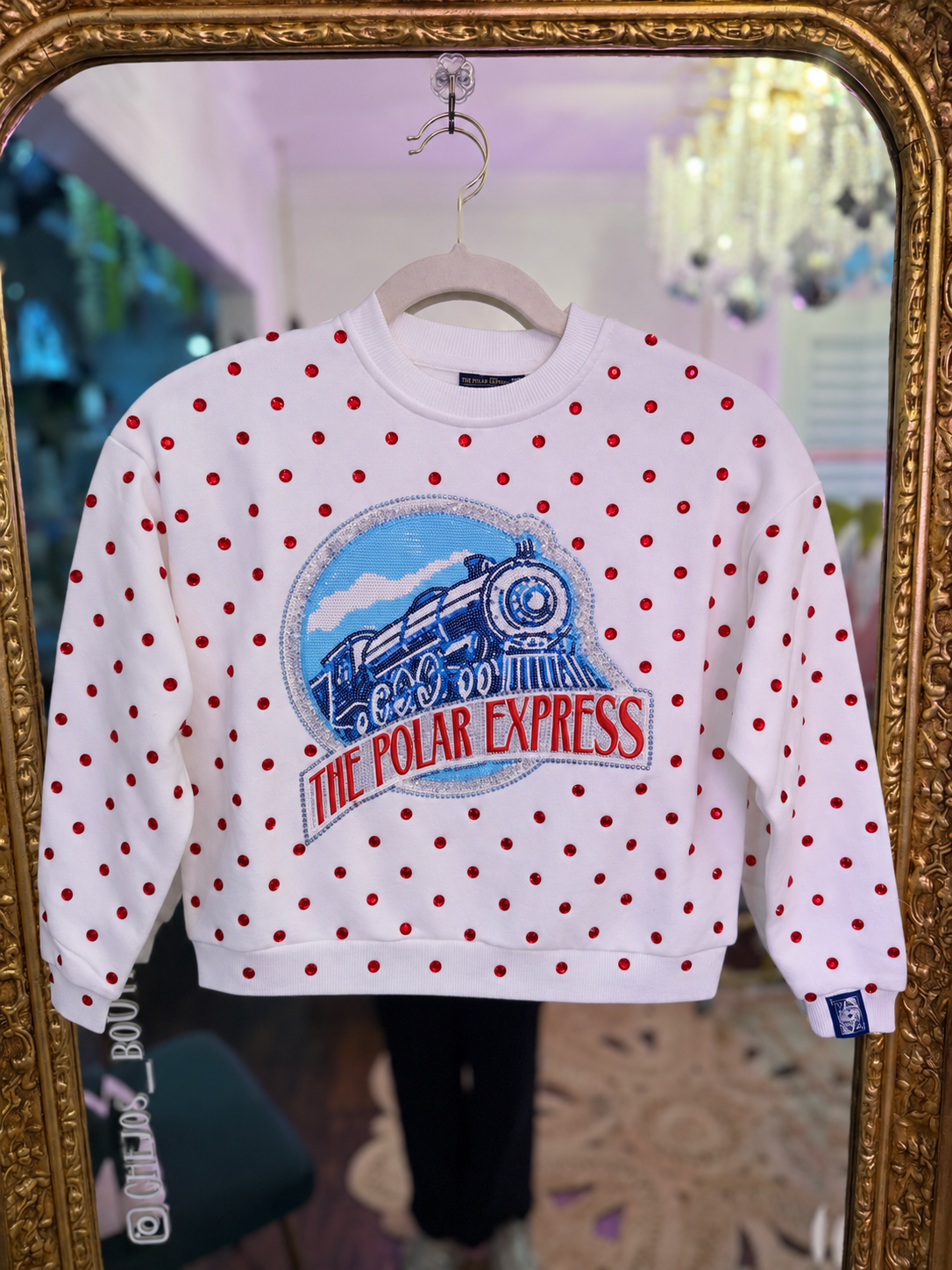 Licensed Kids White Scattered Rhinestone Sequin, Rhinestone & Beaded Polar Express Sweatshirt | Queen of Sparkles