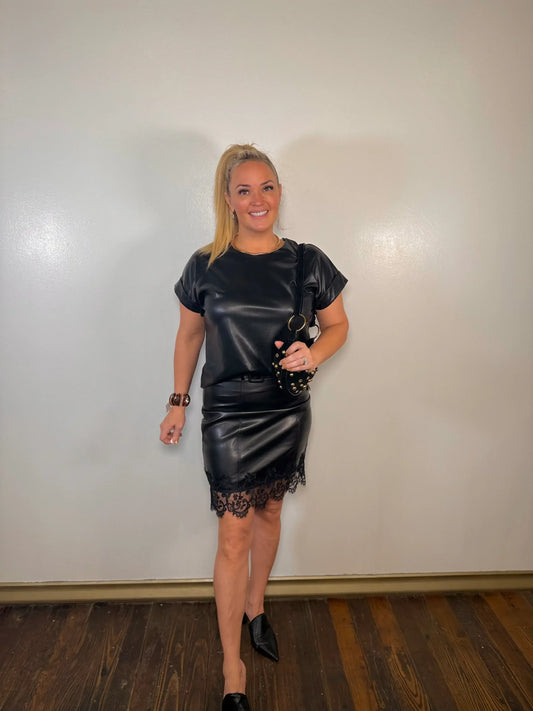 Lace Detail Leather Belted Midi Skirt