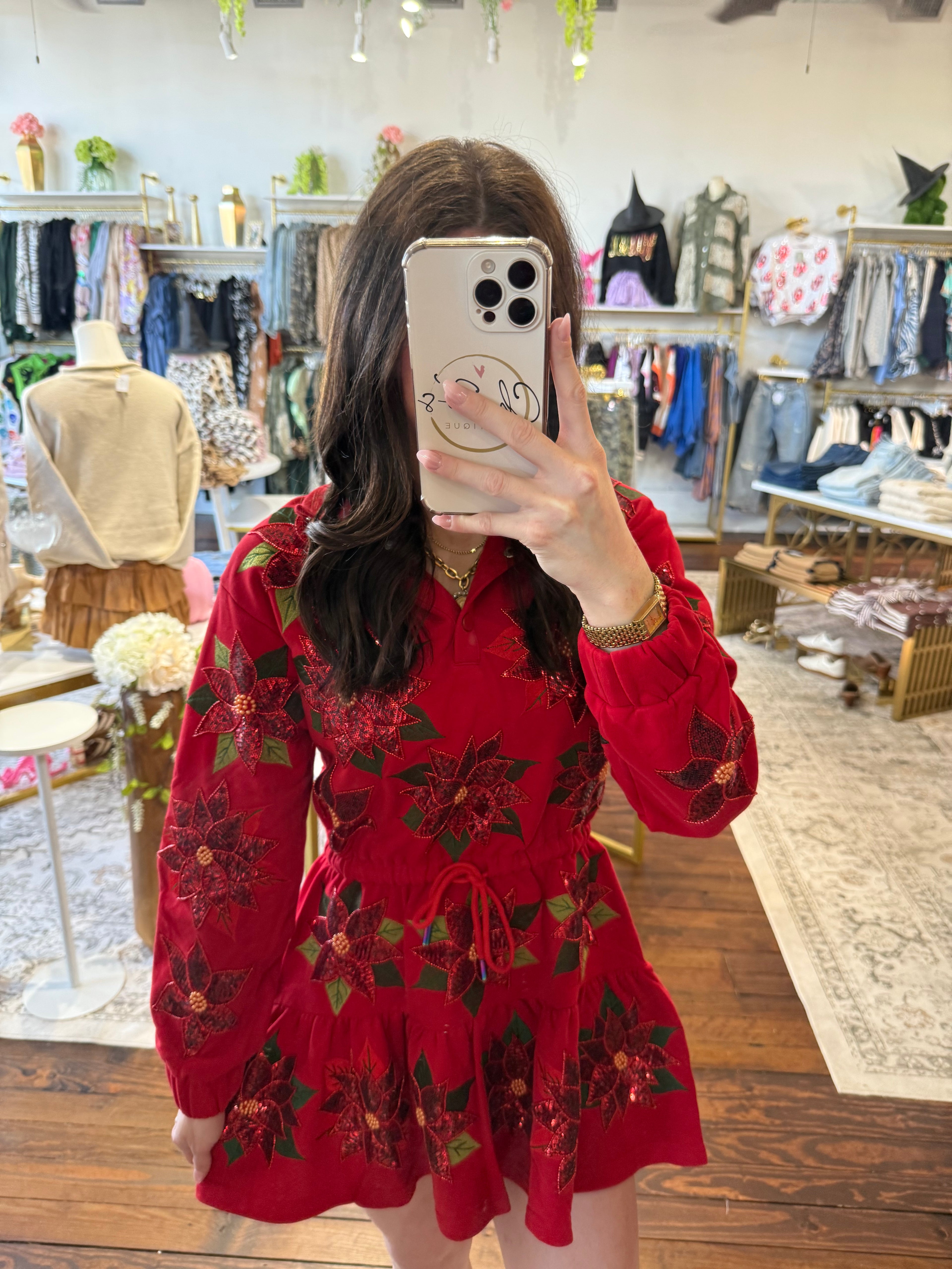 Red Poinsettia Button Up Mock Neck Tie Sweatshirt Dress | Queen Of Sparkles