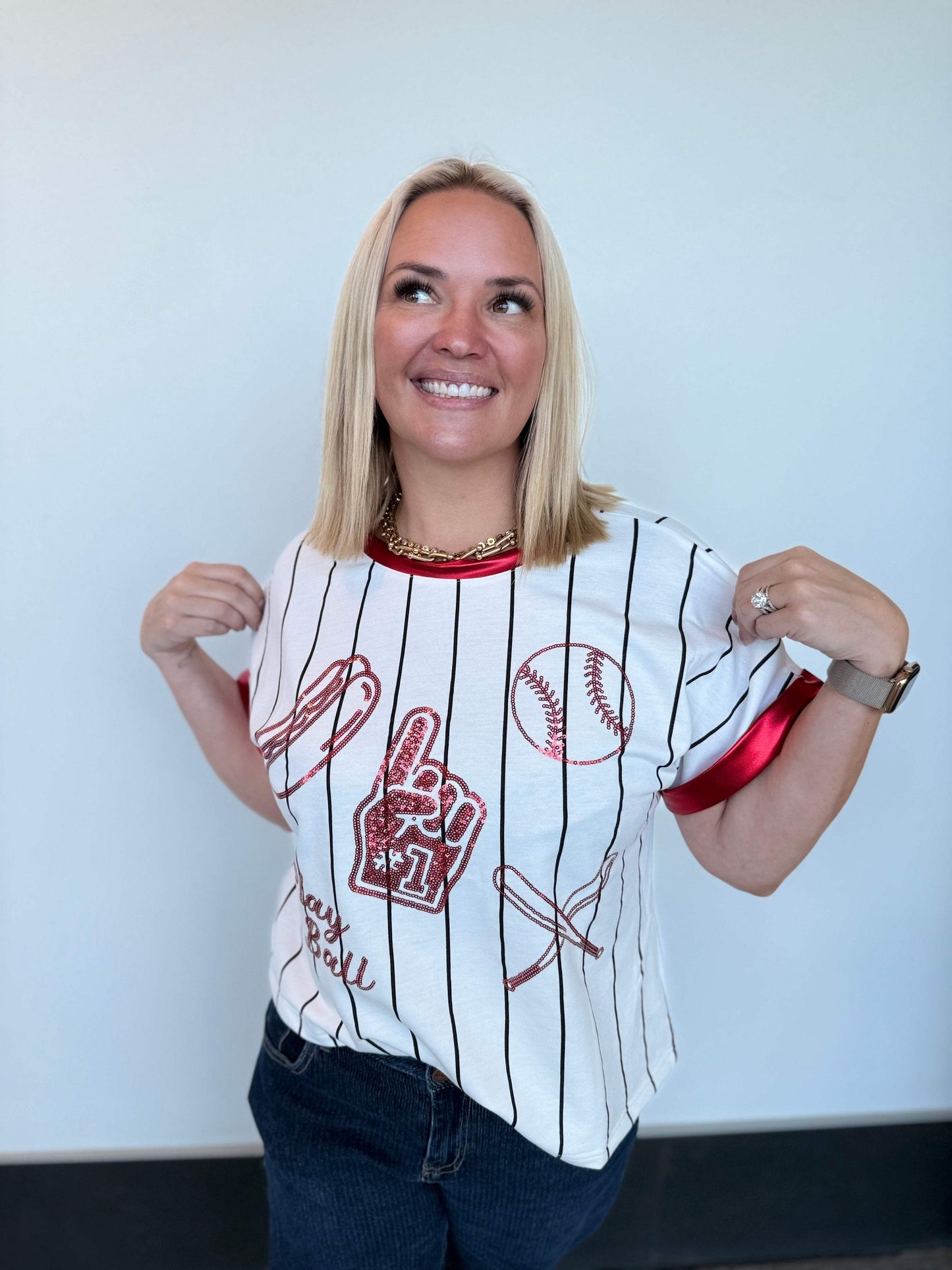 Play Ball Striped Red Sequin Tee | PLUS SIZE AVAILABLE