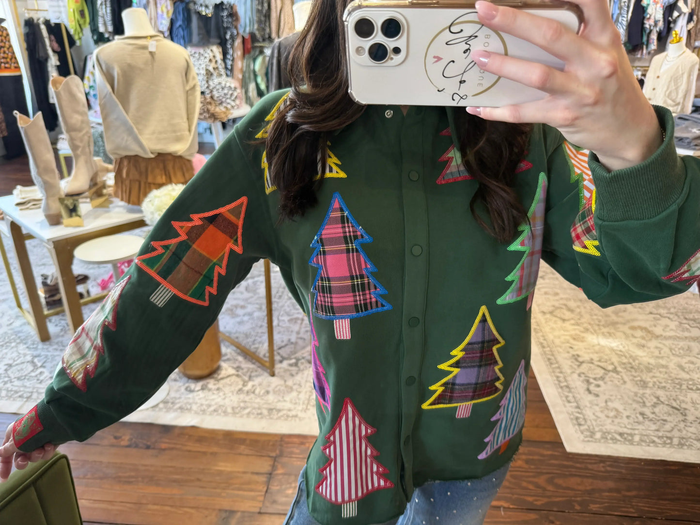 Dark Green Multi Plaid & Stripe Christmas Tree Button Up Shacket | Queen Of Sparkles