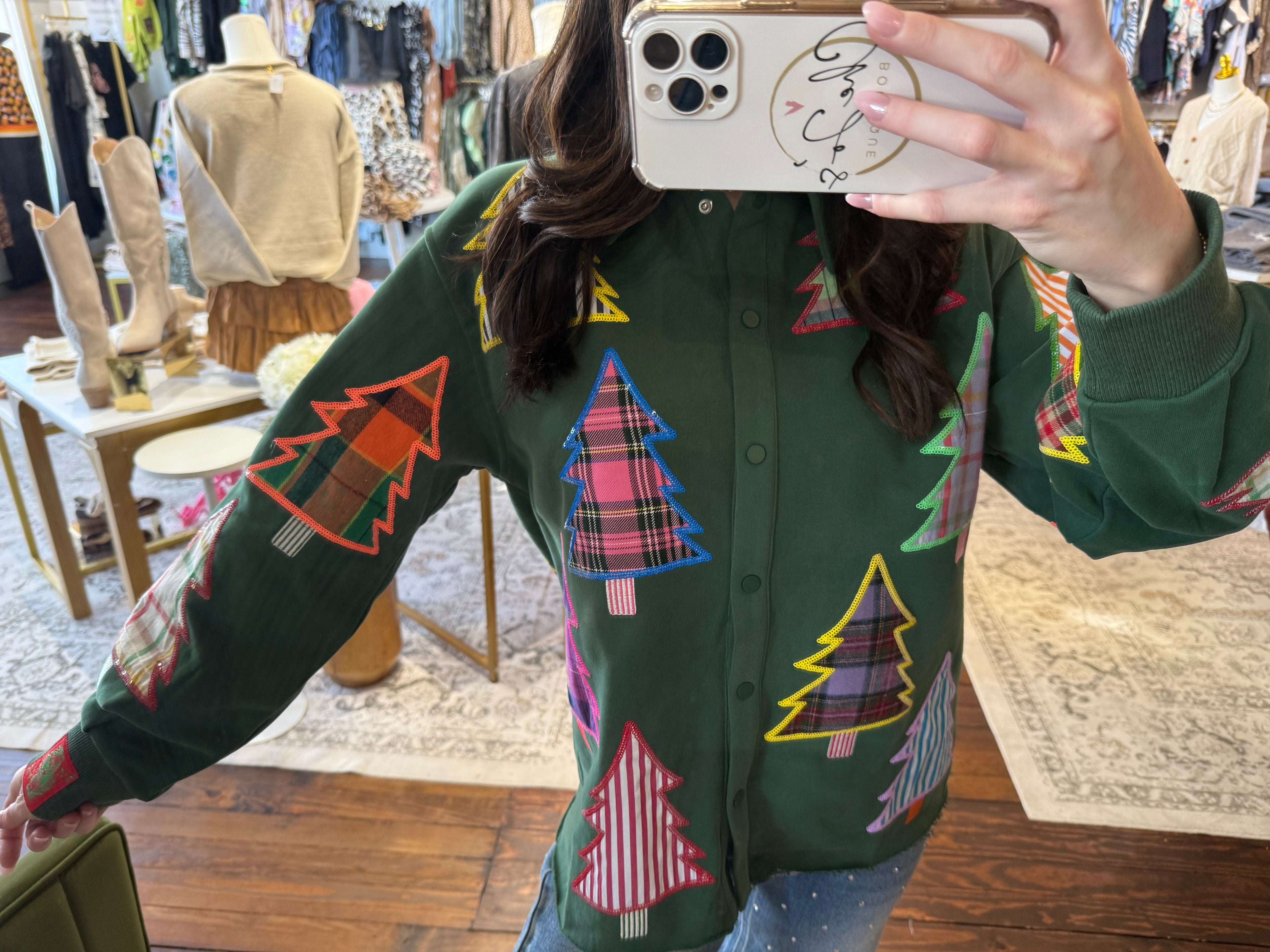 Dark Green Multi Plaid & Stripe Christmas Tree Button Up Shacket | Queen Of Sparkles