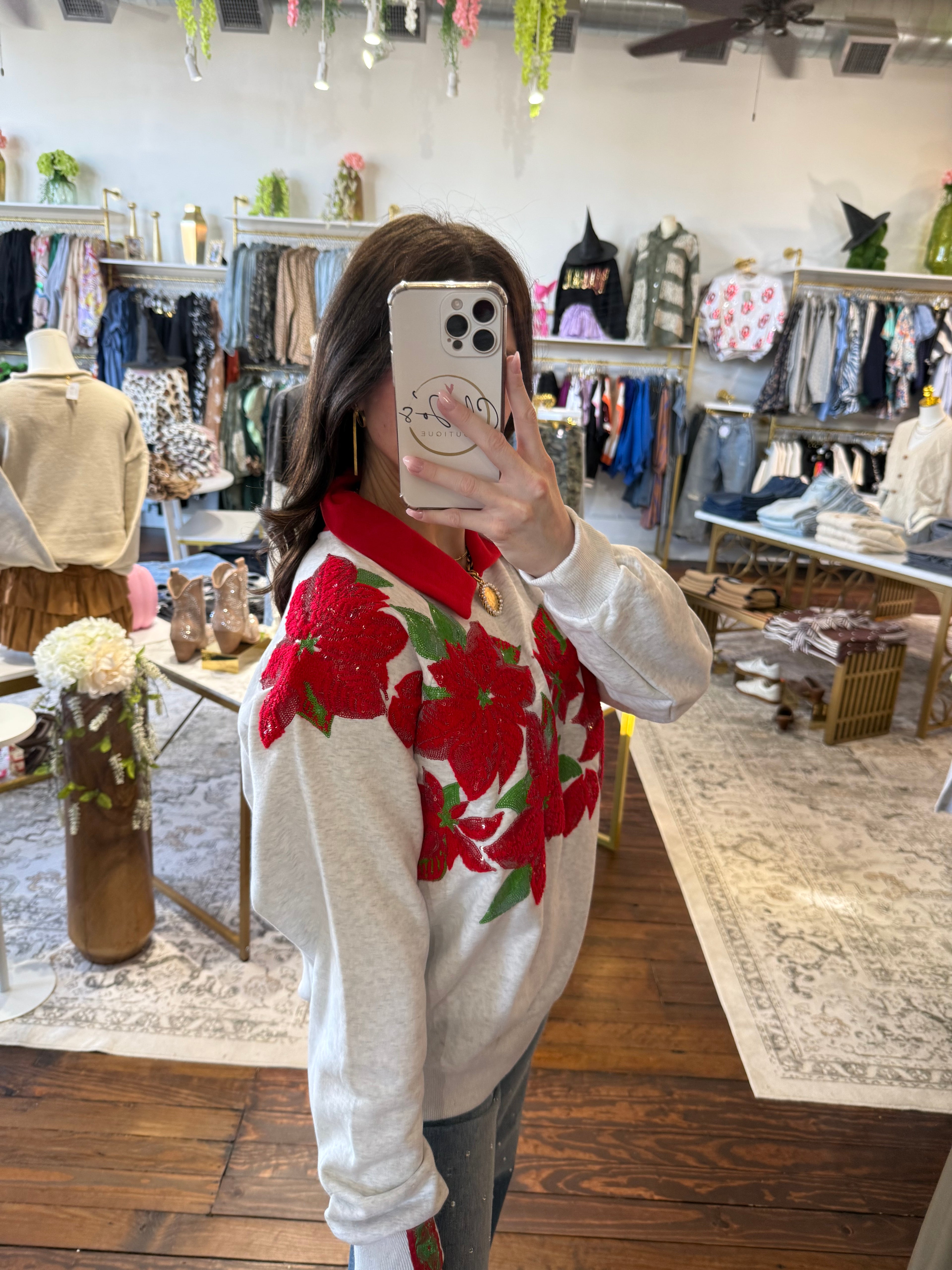 Grey & Red Collar Poinsettia Sweatshirt | Queen of Sparkles
