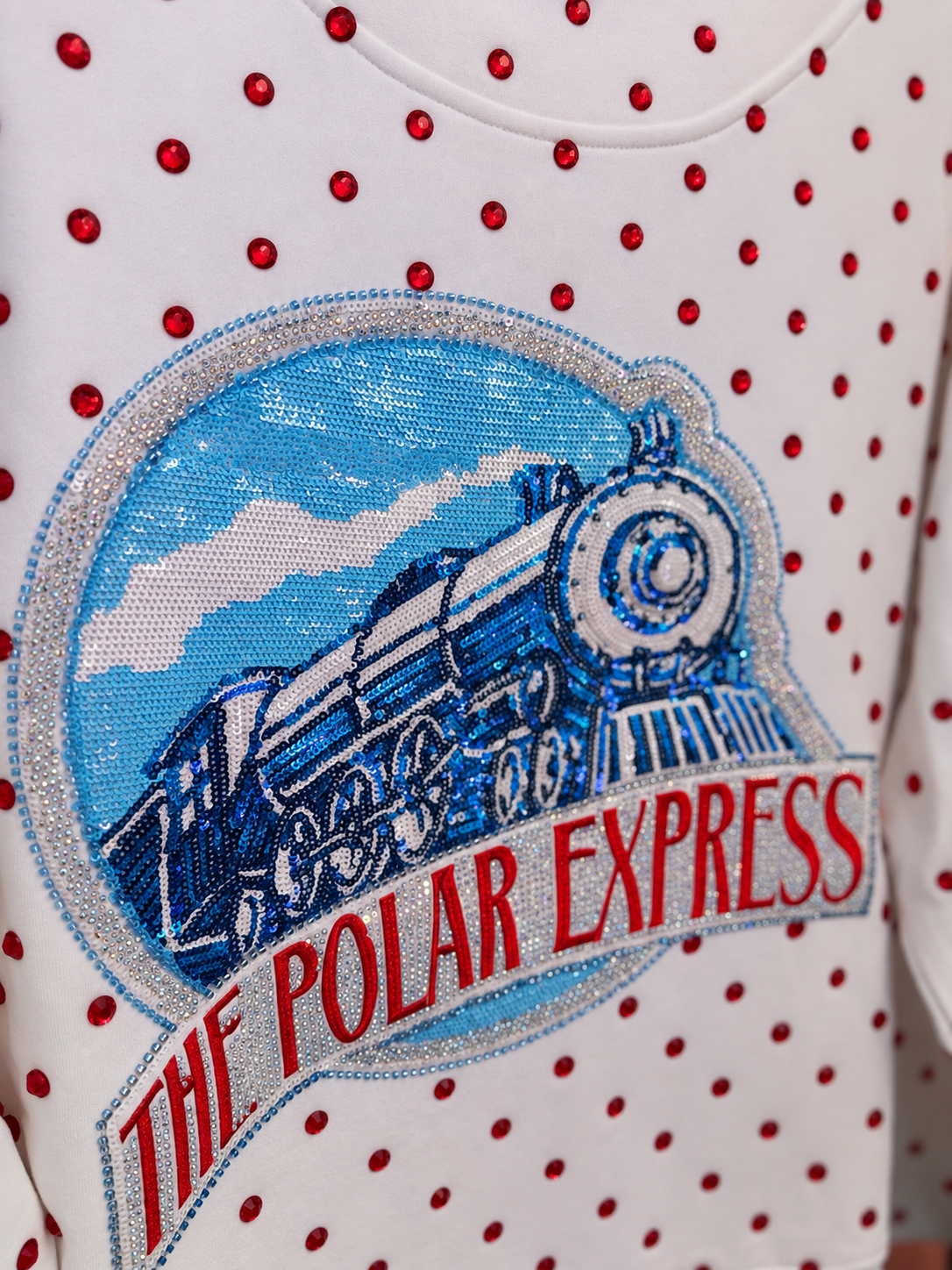 Licensed Kids White Scattered Rhinestone Sequin, Rhinestone & Beaded Polar Express Sweatshirt | Queen of Sparkles