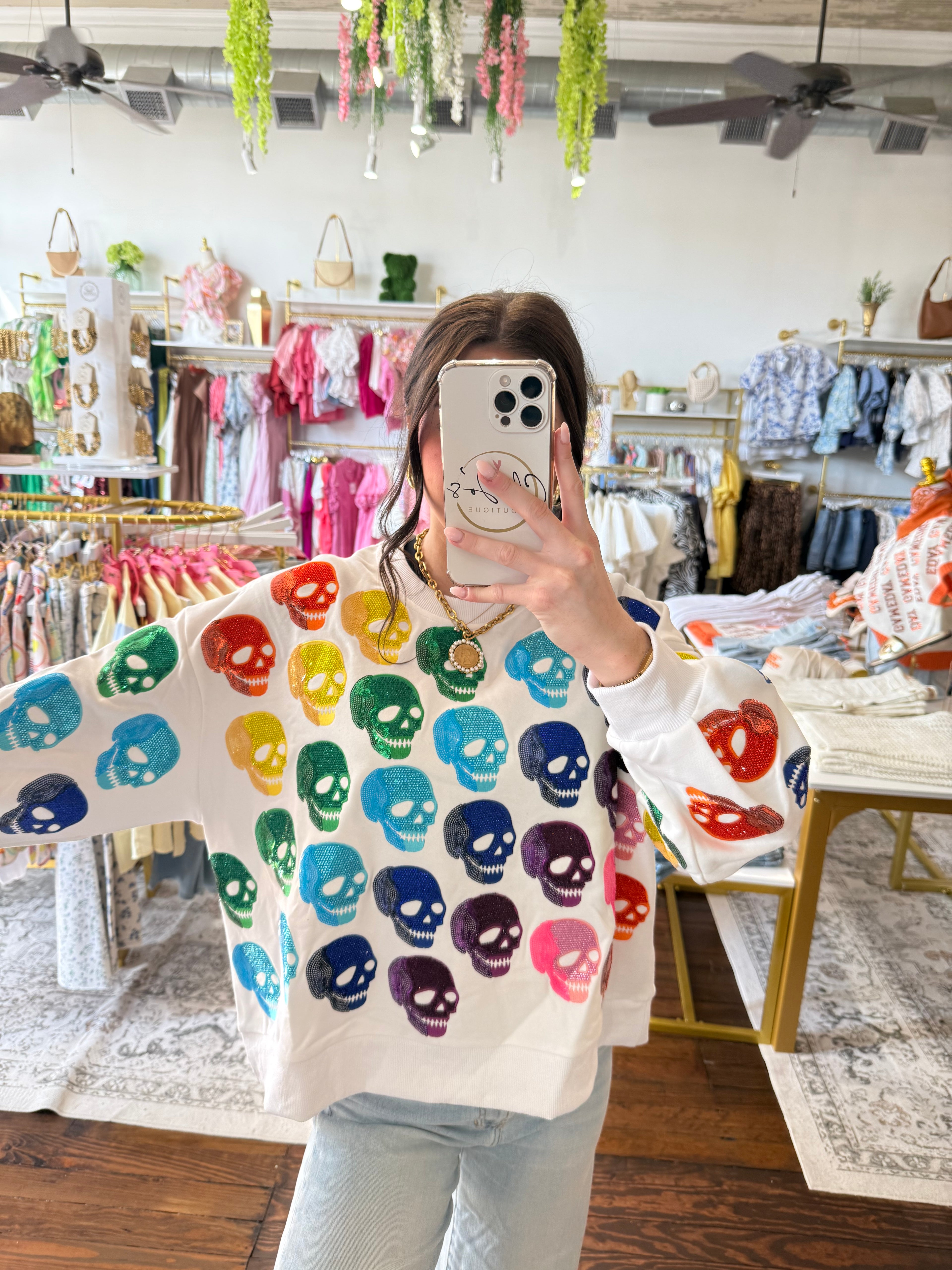 White Rainbow Skulls Sweatshirt | Queen of Sparkles