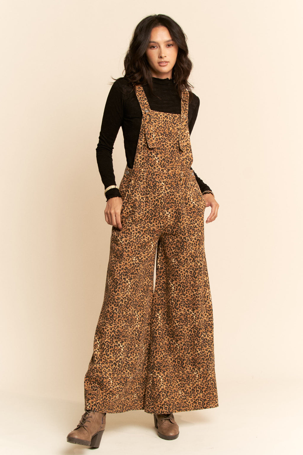Denim Cheetah Wide Leg Overalls