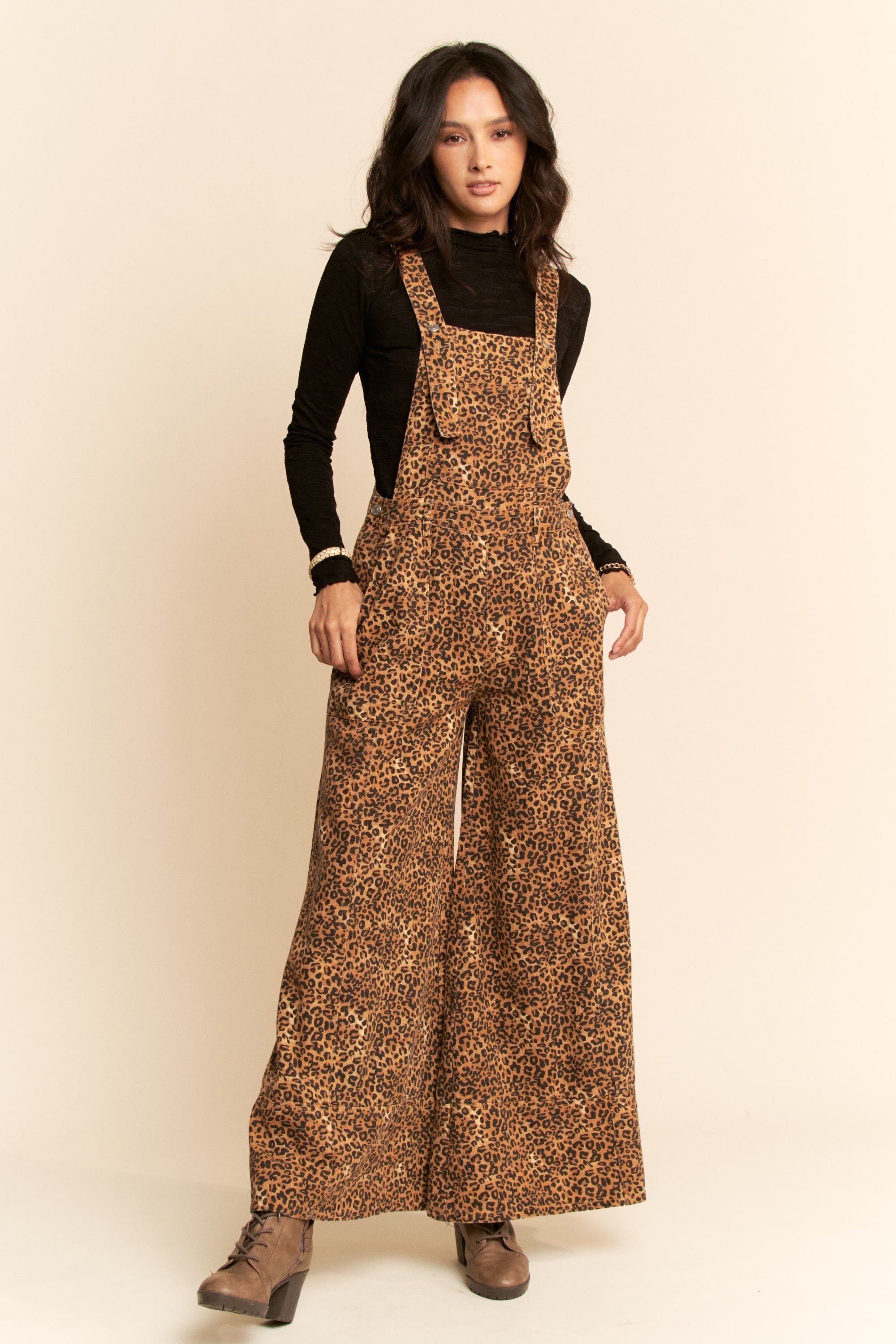 Denim Cheetah Wide Leg Overalls