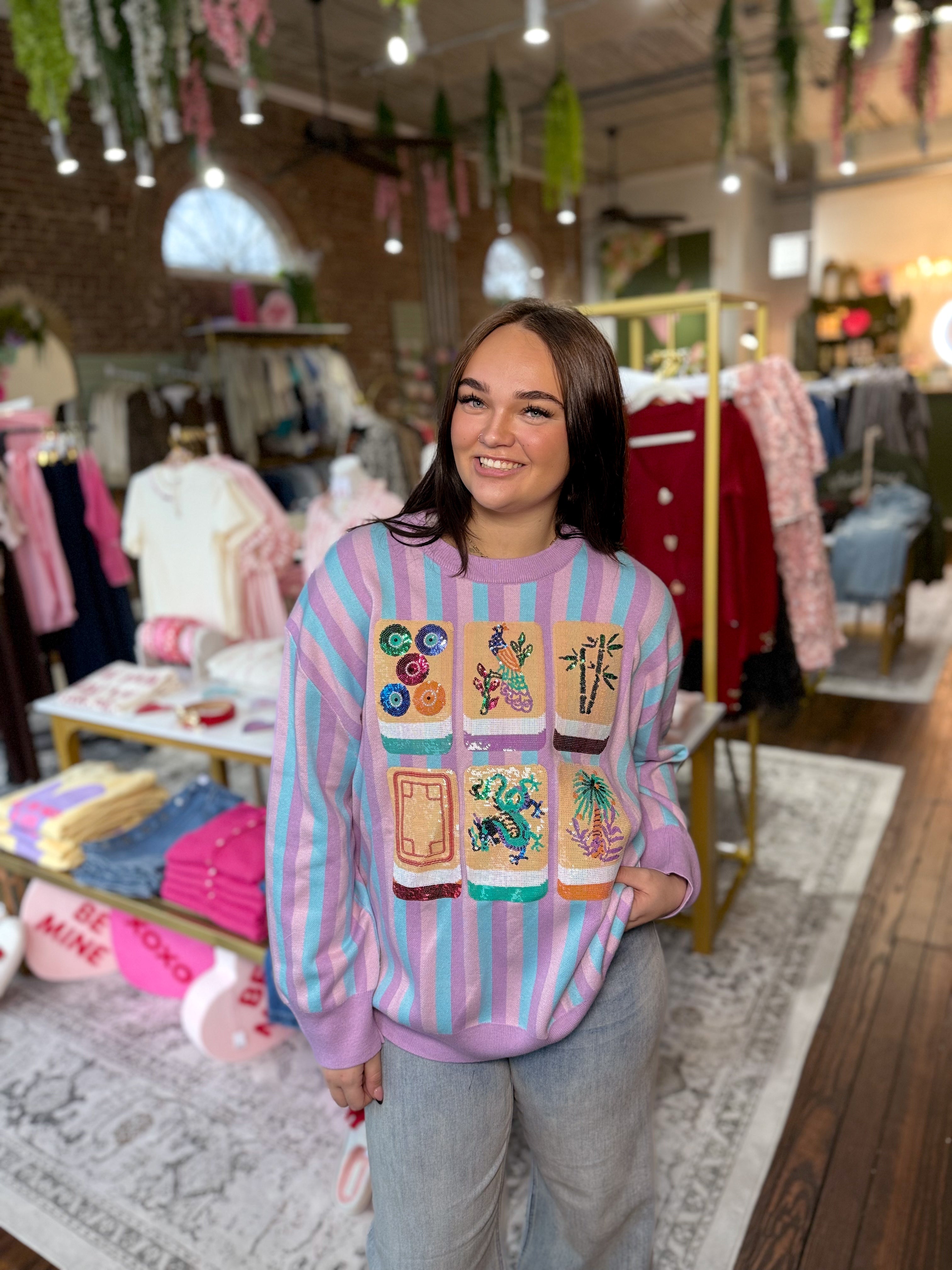 Lavender, Blue & Pink Stripe Mahjong Tile Sweater | Queen of Sparkles