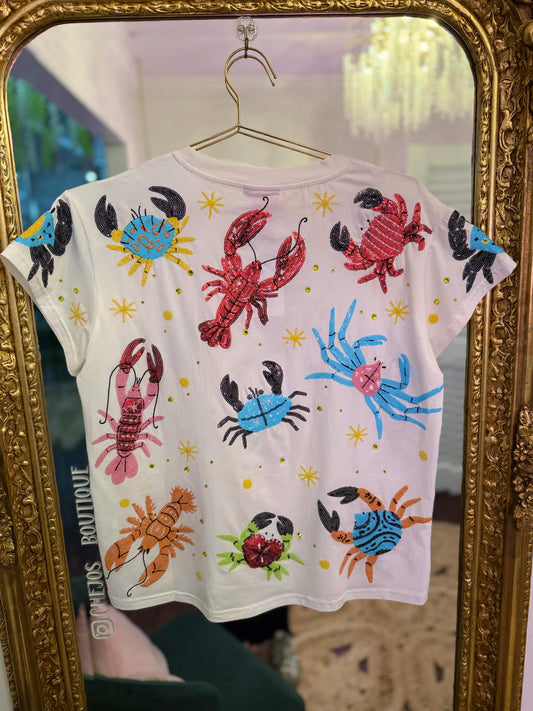 White Multi Crab & Lobster Tee | Queen of Sparkles