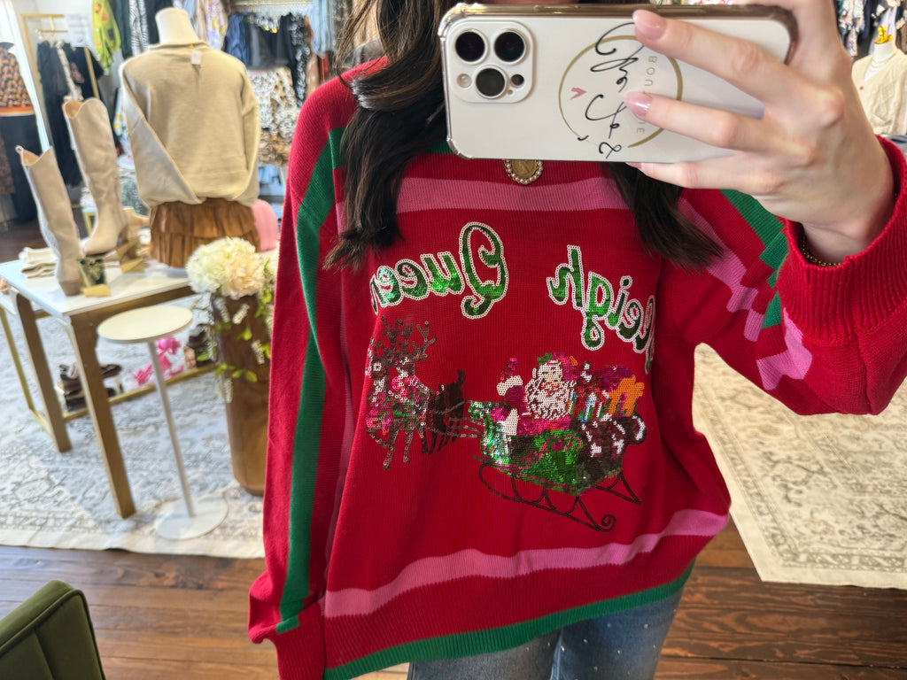 Red, Green & Pink 'Sleigh Queen' Stripe Sweater | Queen of Sparkles