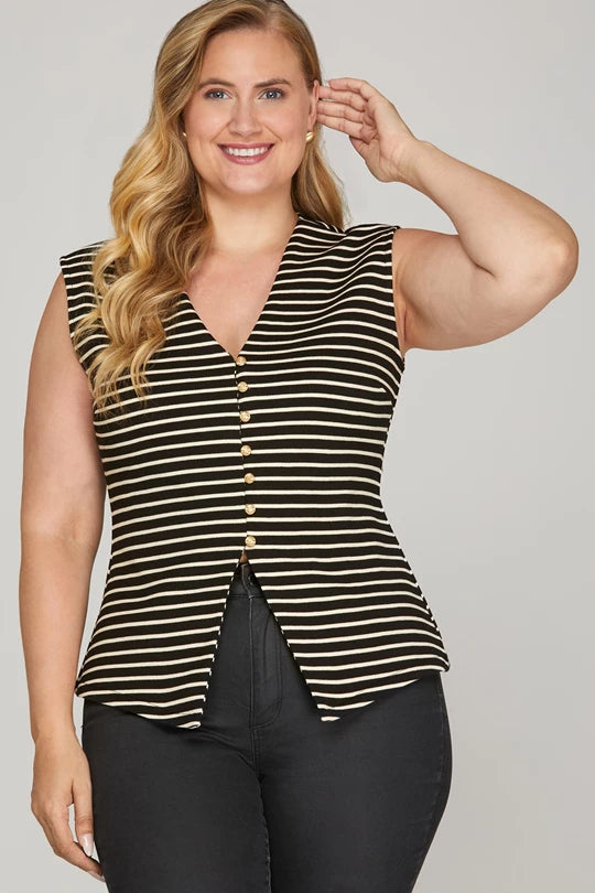 Billie Sleeveless Gold Button Striped Vest | PLUS SIZE AVAILABLE