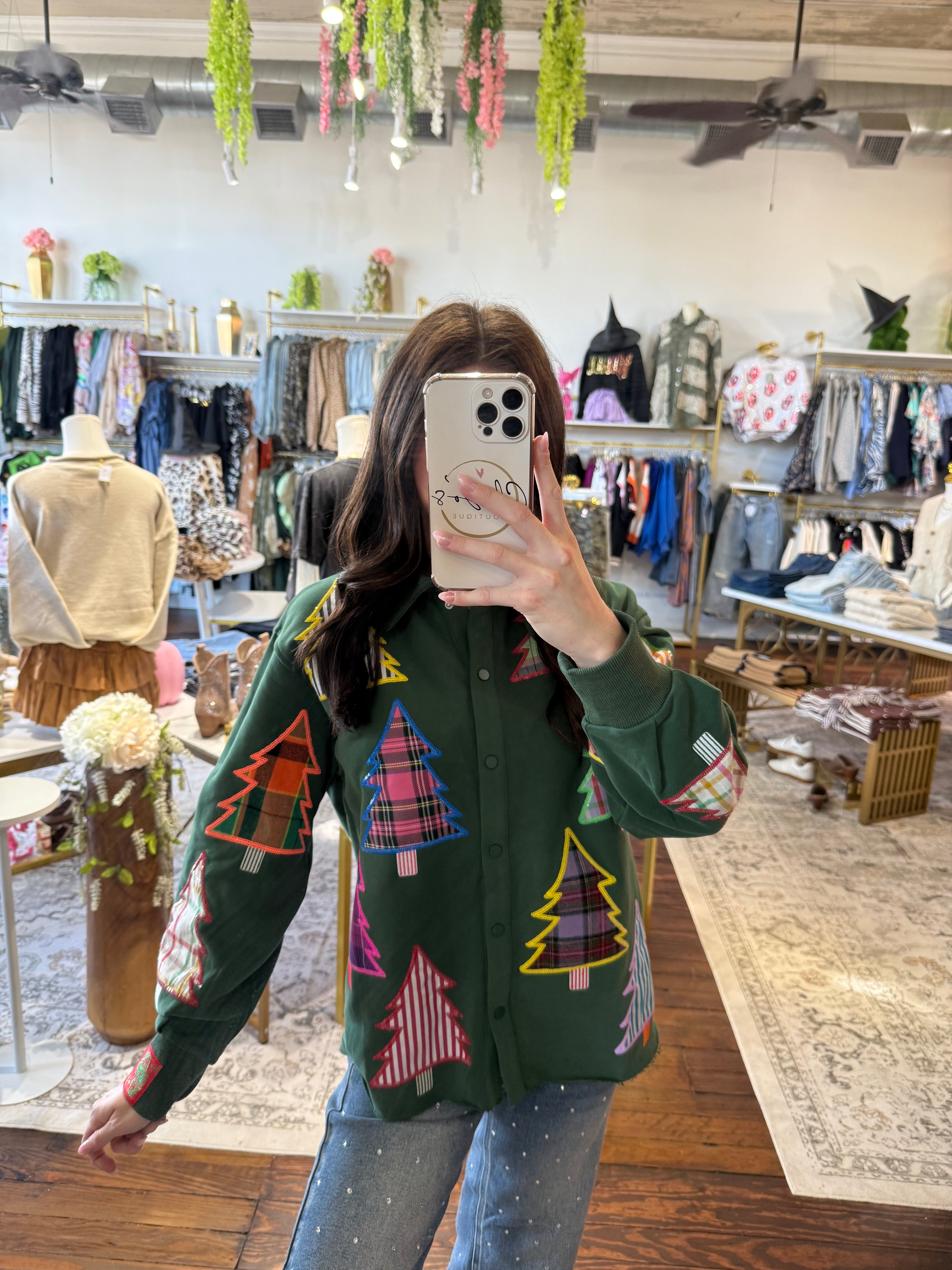 Dark Green Multi Plaid & Stripe Christmas Tree Button Up Shacket | Queen Of Sparkles