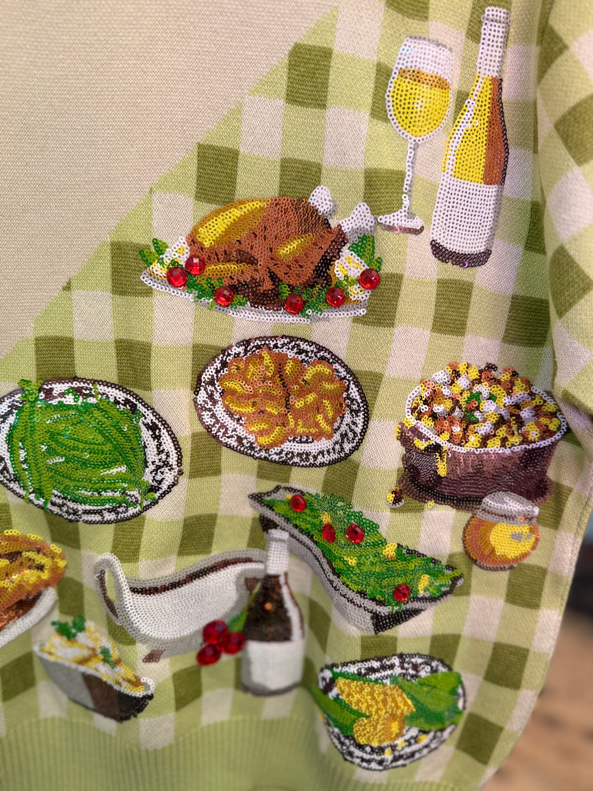 Ivory & Green Gingham Colorblock Thanksgiving Meal Knit Top | Queen of Sparkles