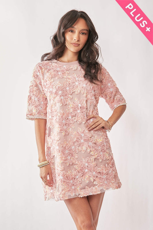 PLUS SIZE | Embroidered Sequin Mesh Mini Dress