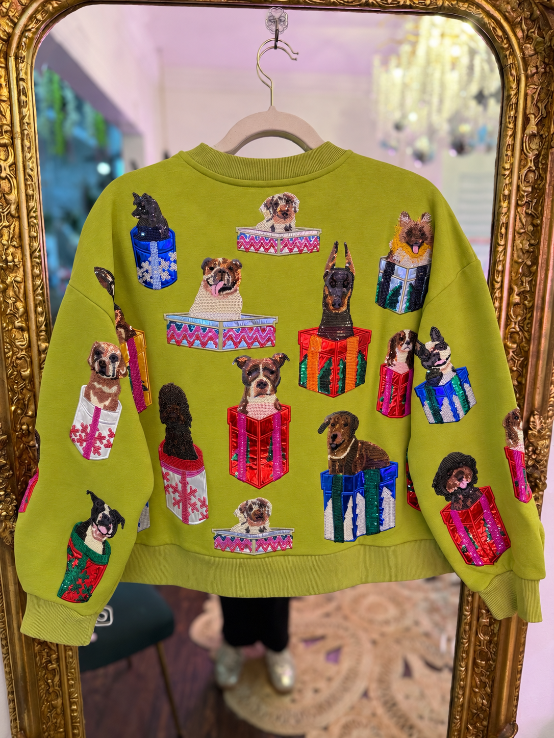 Green Dogs in Present Boxes Sweatshirt  | Queen of Sparkles