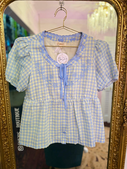 Gingham Garden Embroidered Puff Sleeve Top