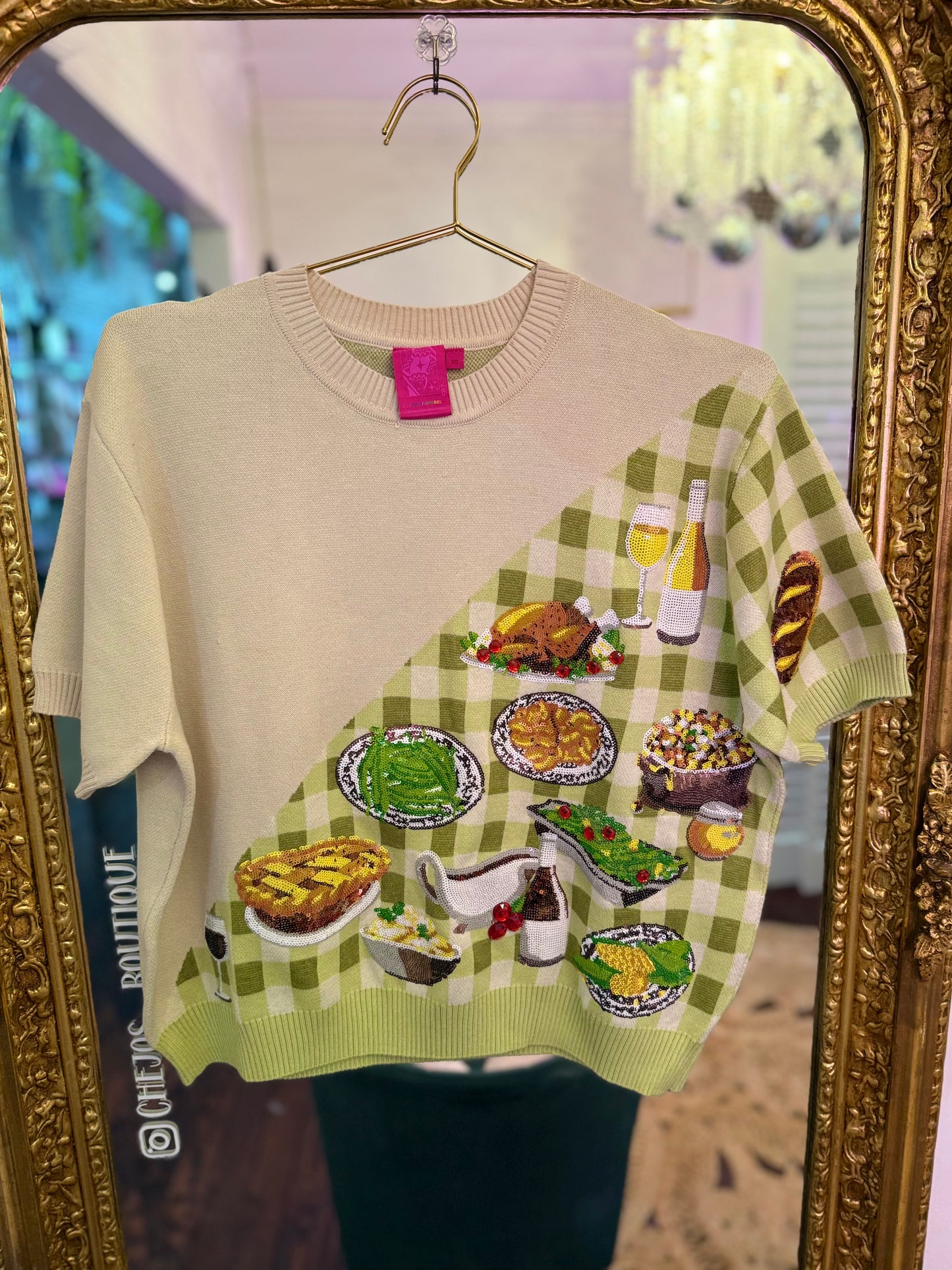Ivory & Green Gingham Colorblock Thanksgiving Meal Knit Top | Queen of Sparkles
