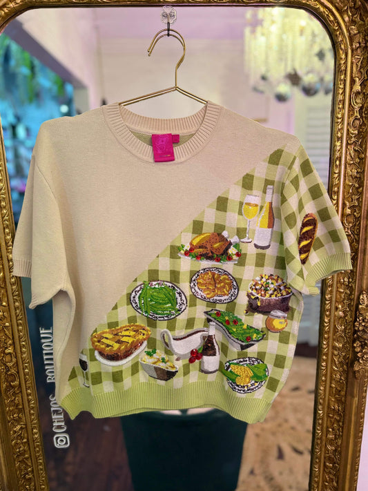 Ivory & Green Gingham Colorblock Thanksgiving Meal Knit Top | Queen of Sparkles