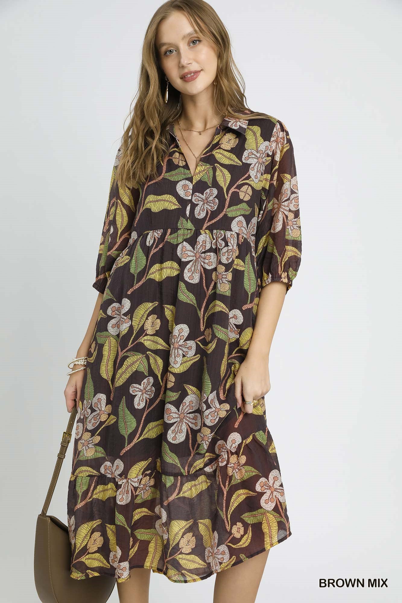 Mixed Floral Tiered Midi Dress