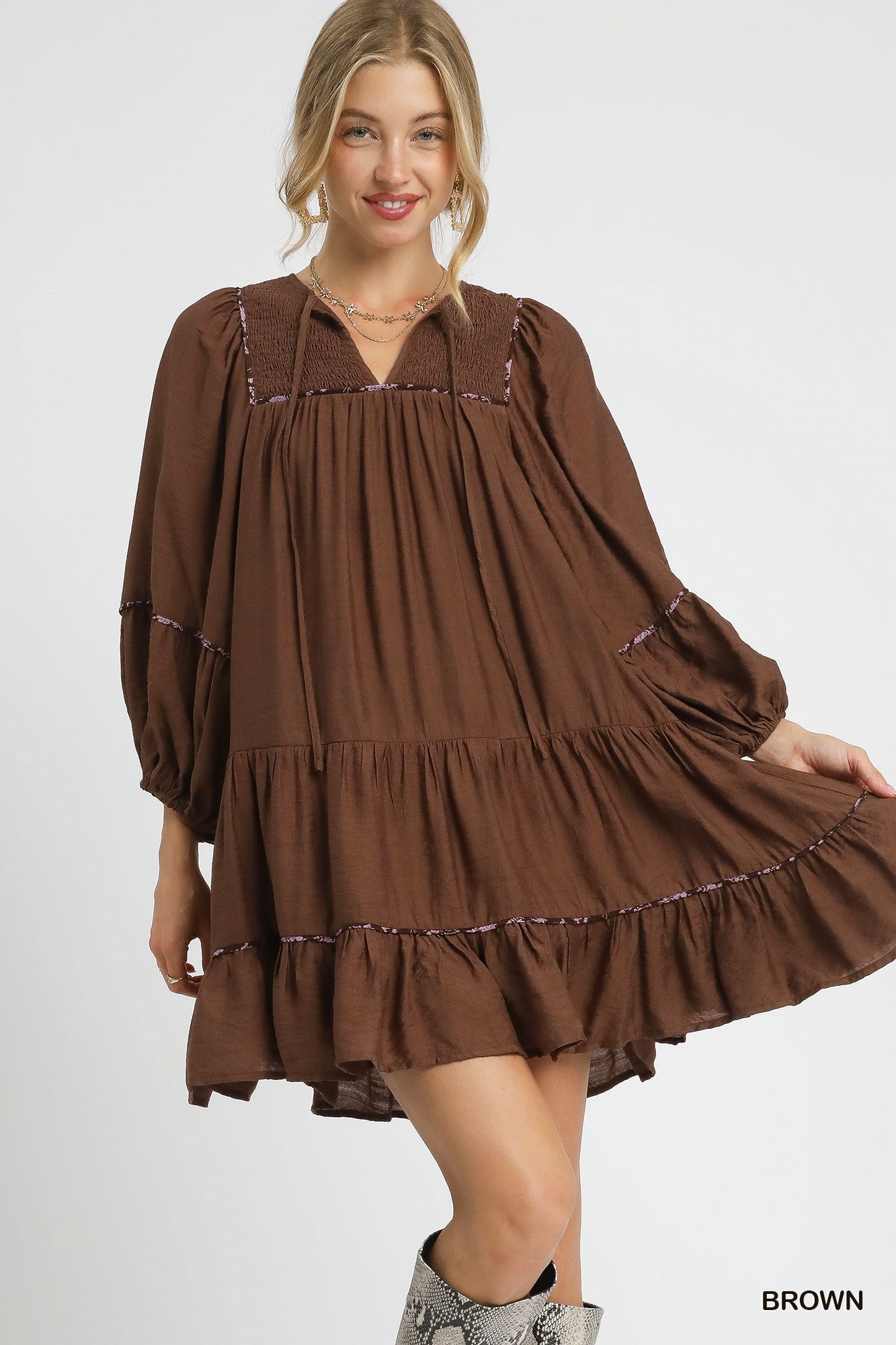 Aisling Long Sleeve Tiered Mini Dress Brown / Small