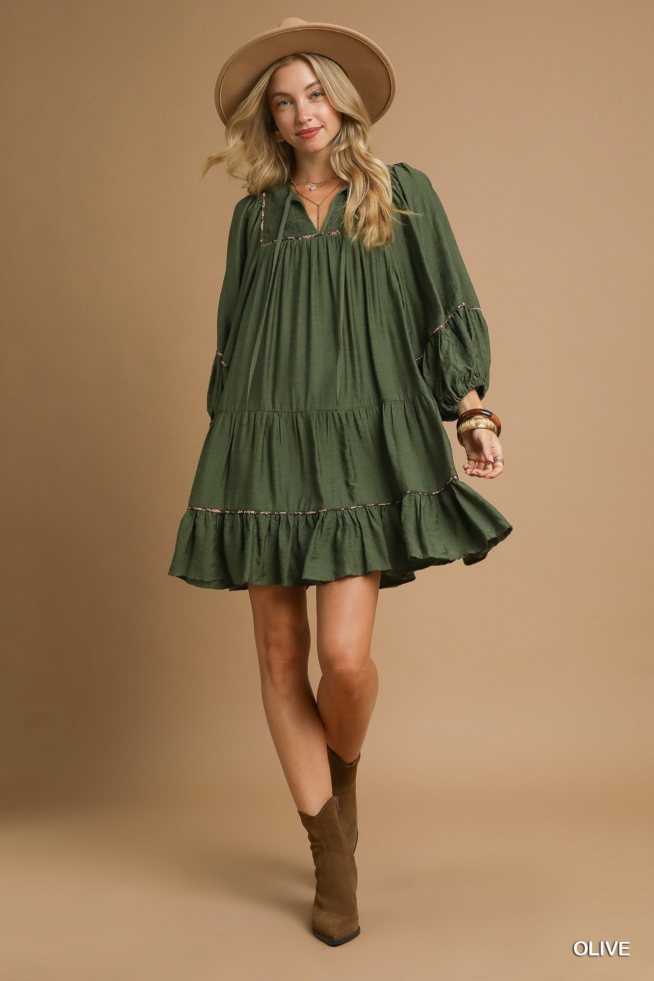 Aisling Long Sleeve Tiered Mini Dress Olive / Large