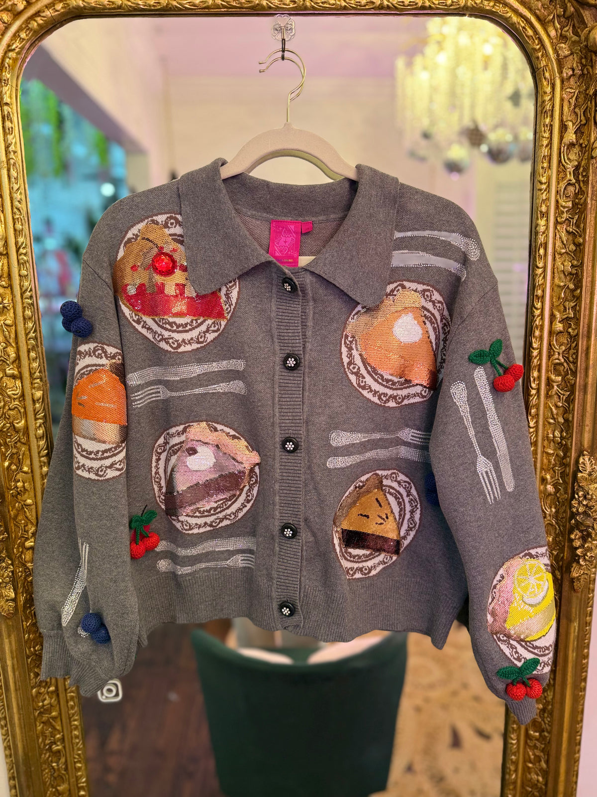 Charcoal Pie on Plates Button Up Collar Cardigan | Queen of Sparkles