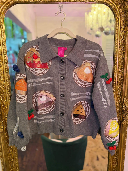 Charcoal Pie on Plates Button Up Collar Cardigan | Queen of Sparkles