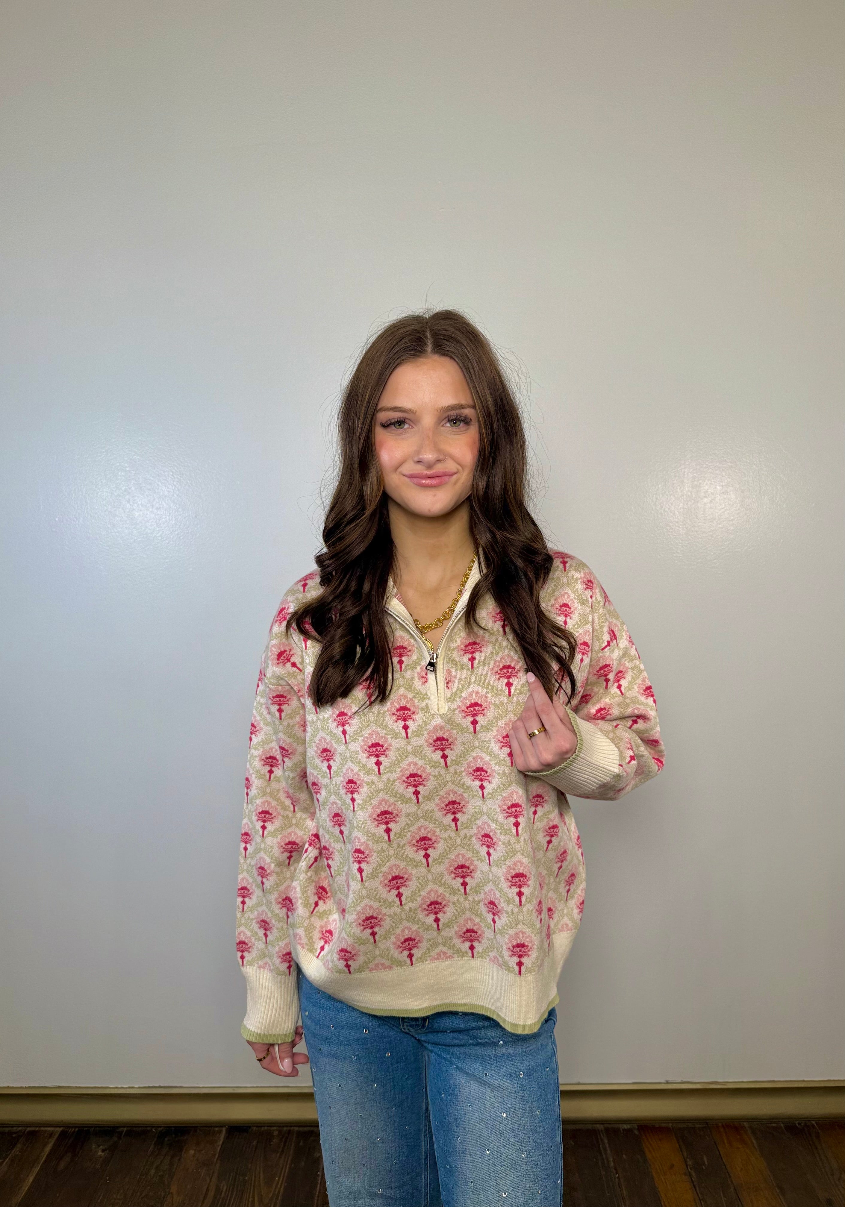 Vintage Floral Half Zip Sweater