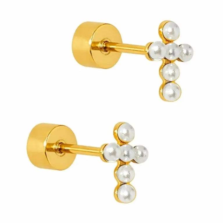 Clara Cross Pearl Screwback Stud Earrings