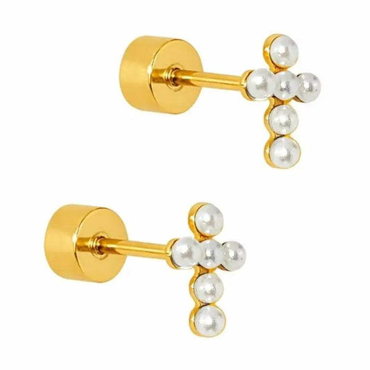 Clara Cross Pearl Screwback Stud Earrings