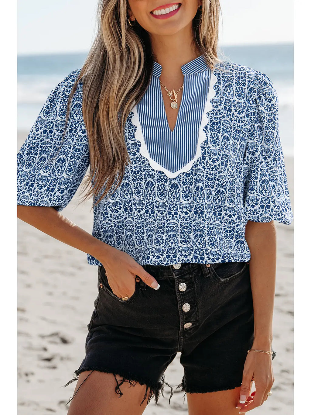 Thea Floral Striped Ric Rac Top