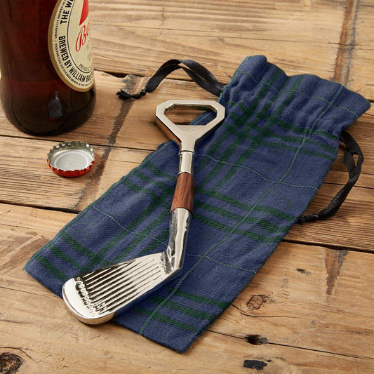 Golf Club Bottle Opener w/ Plaid Gift Pouch