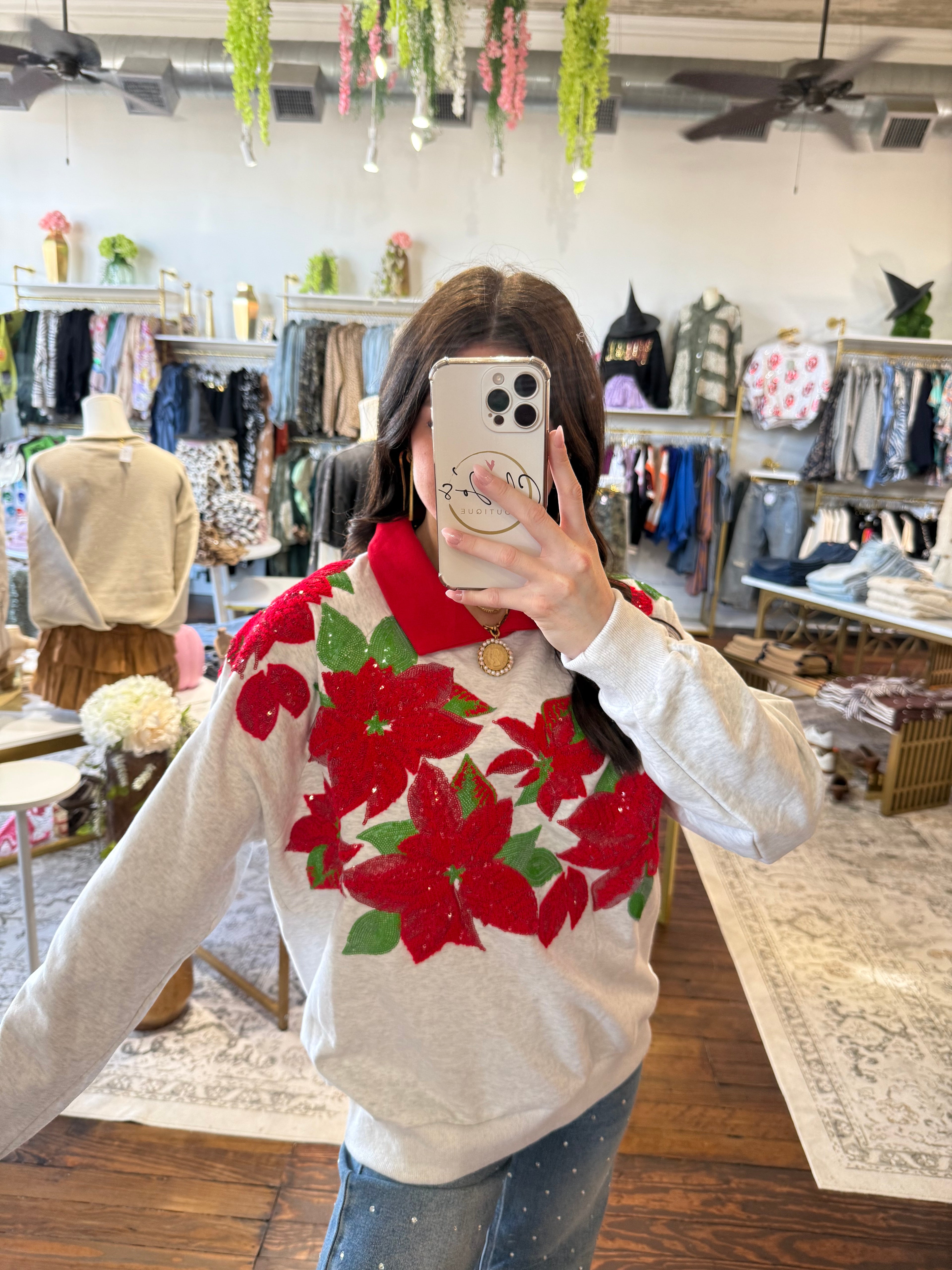 Grey & Red Collar Poinsettia Sweatshirt | Queen of Sparkles