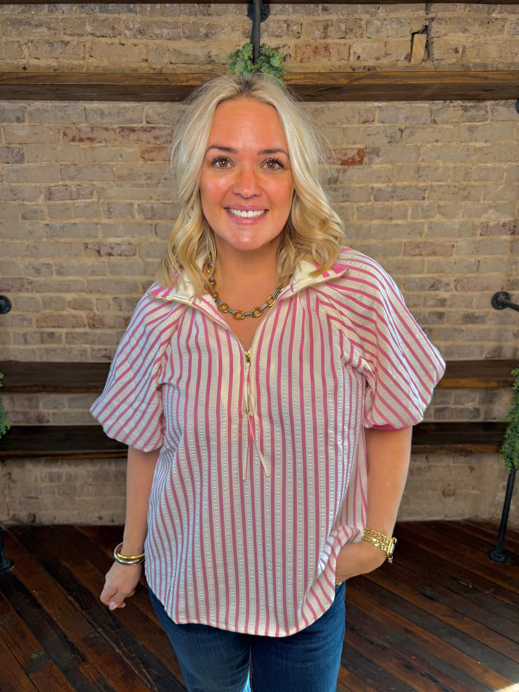 Stripe Shift Zip Up Blouse | PLUS SIZE AVAILABLE