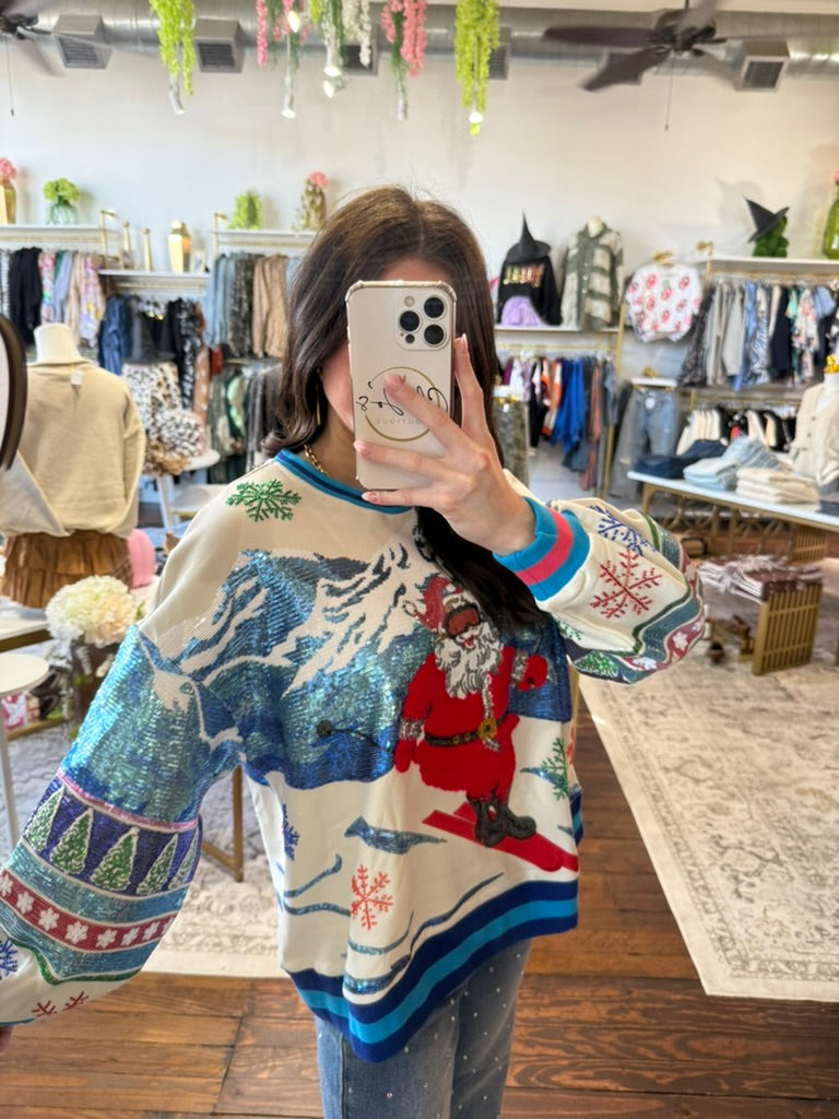 White & Blue Vintage Skiing Santa Sweatshirt | Queen of Sparkles