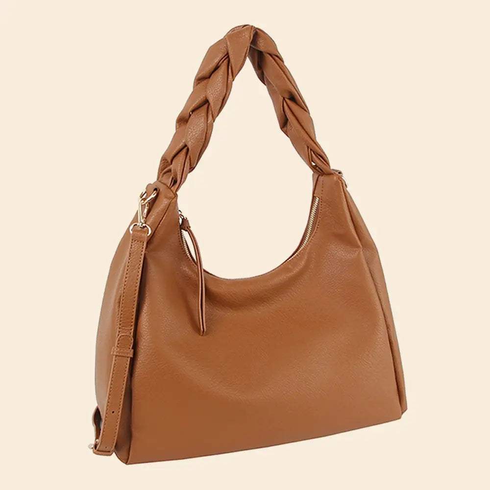 Faux Leather Braided Handle Hobo Hand Bag