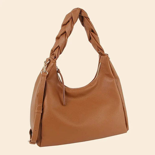 Faux Leather Braided Handle Hobo Hand Bag