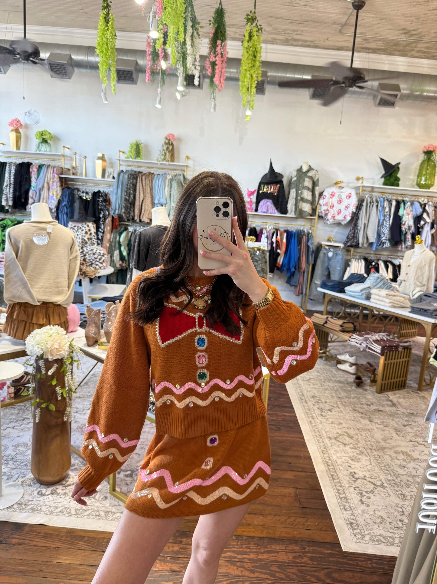 Brown Gingerbread Man Jewel Bow Tie Sweater | Queen of Sparkles