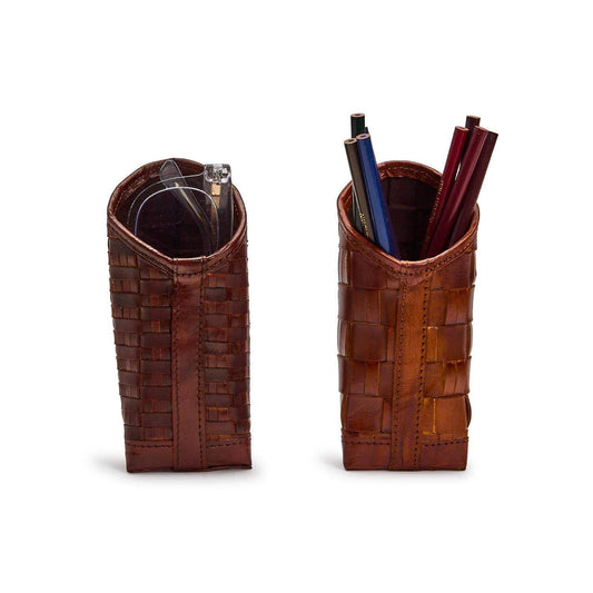 Chestnut Woven Genuine Leather Sunglasses/Accessory Holder