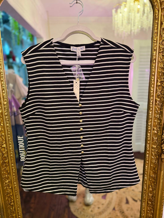 PLUS SIZE | Billie Sleeveless Gold Button Striped Vest