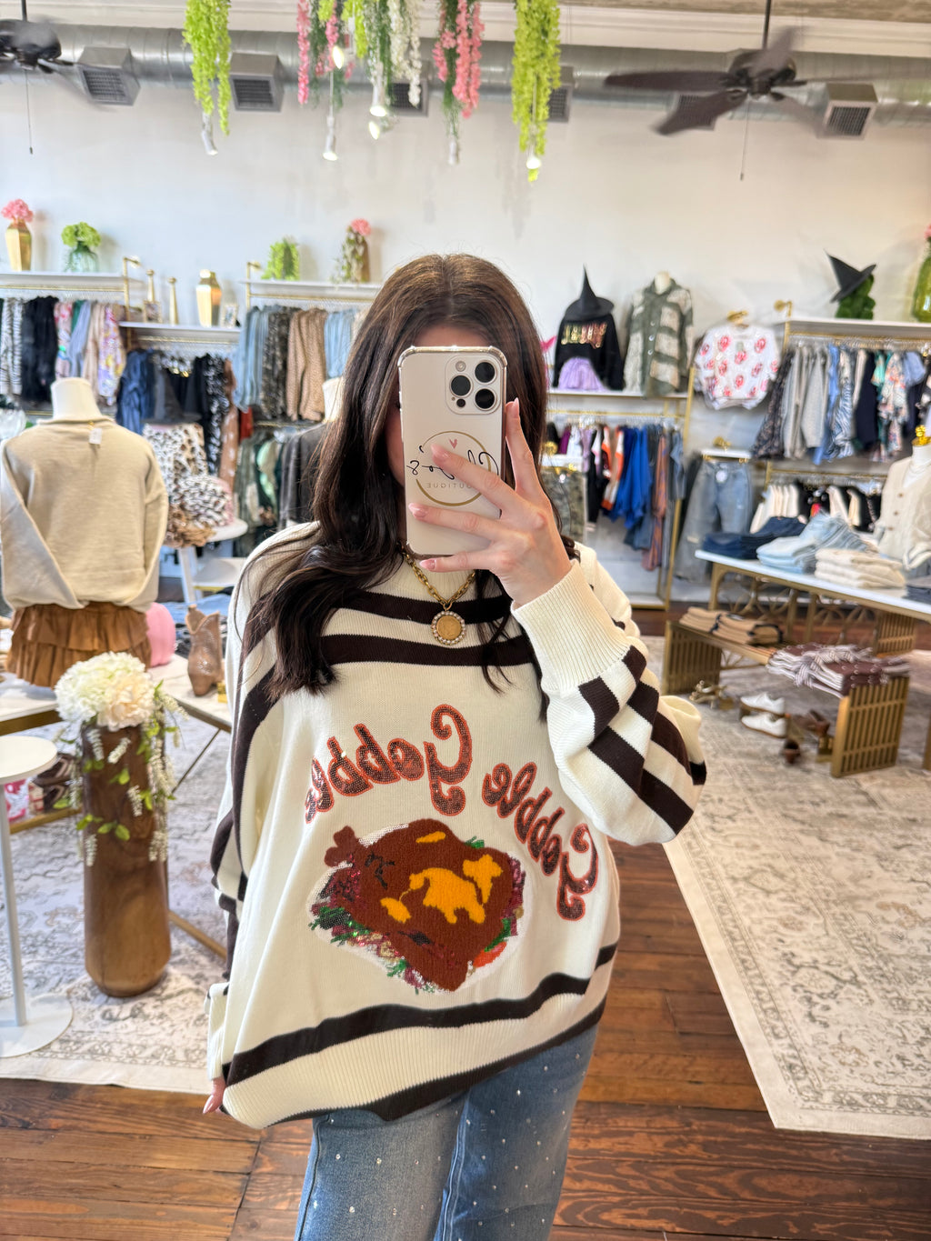 White & Brown Stripe 'Gobble' Long Sleeve Sweater | Queen of Sparkles